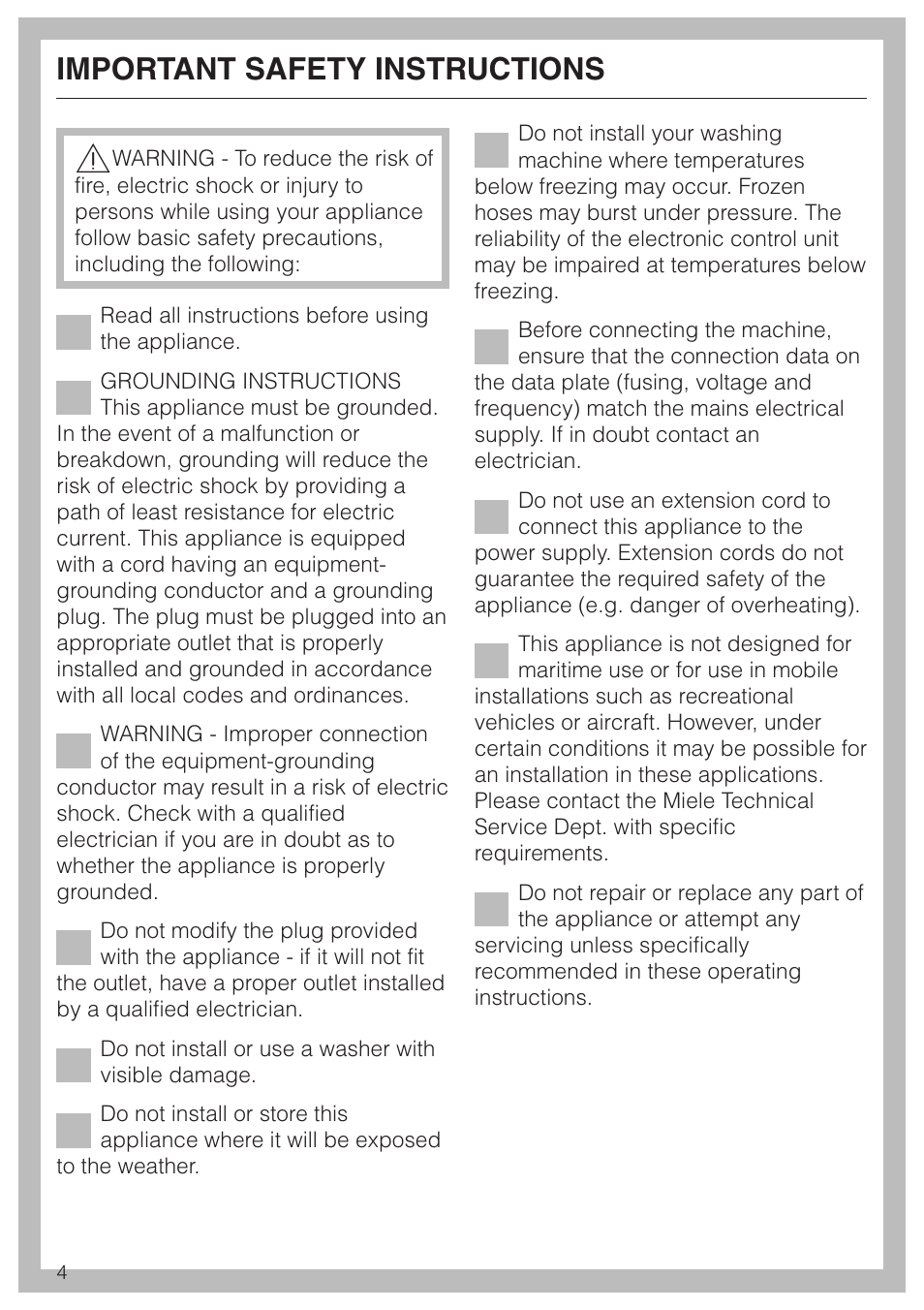 Important safety instructions 4, Important safety instructions | Miele W3033 User Manual | Page 4 / 60