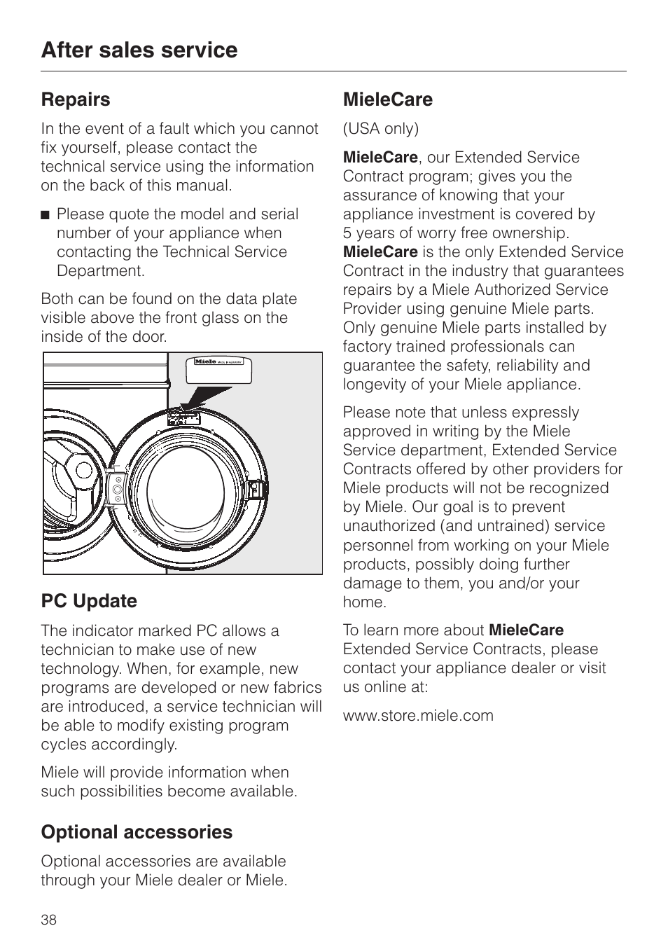 After sales service 38, After sales service, Repairs | Pc update, Optional accessories, Mielecare | Miele W3033 User Manual | Page 42 / 60