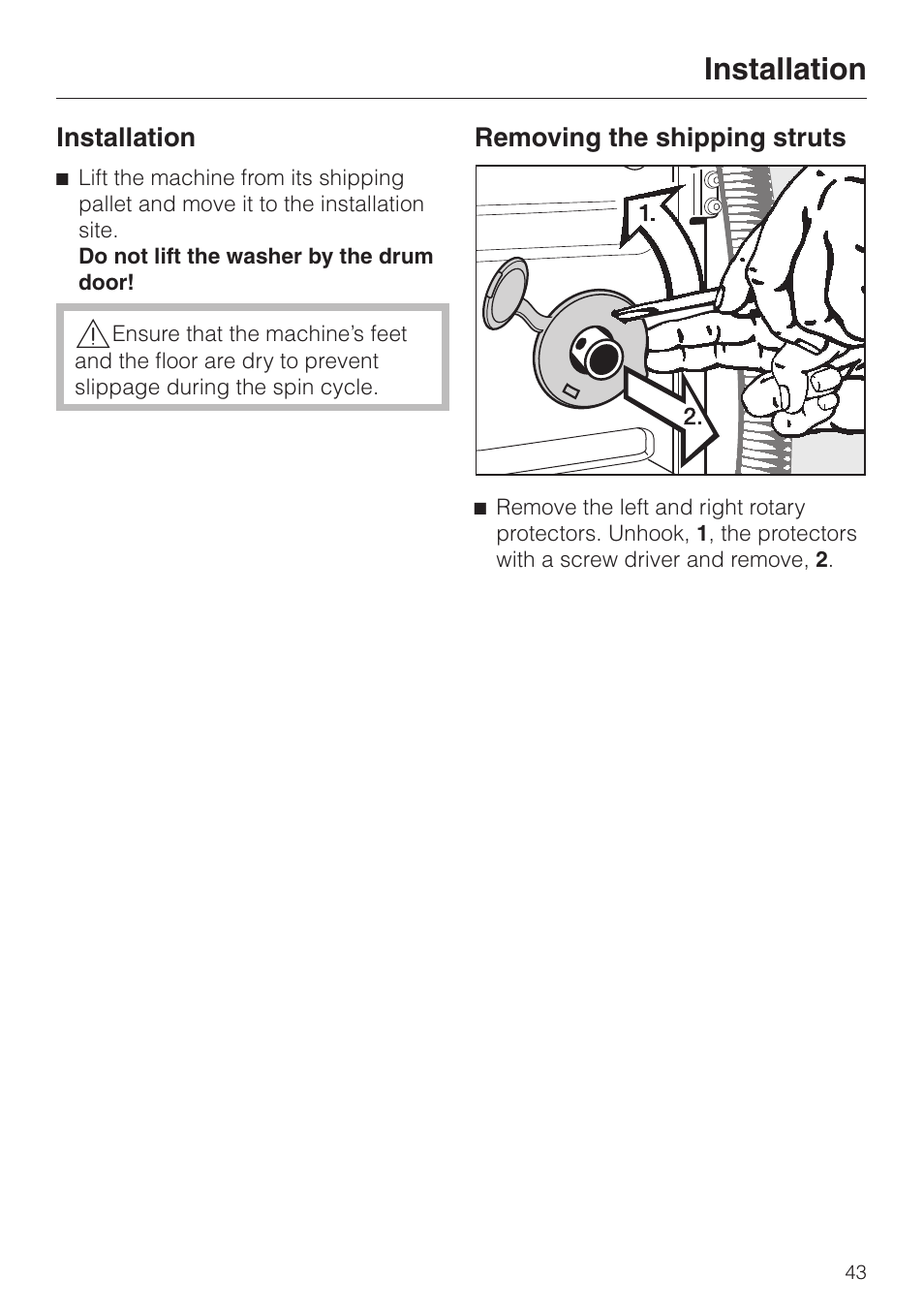 Installation 43, Removing the shipping struts 43, Installation | Removing the shipping struts | Miele W3033 User Manual | Page 47 / 60
