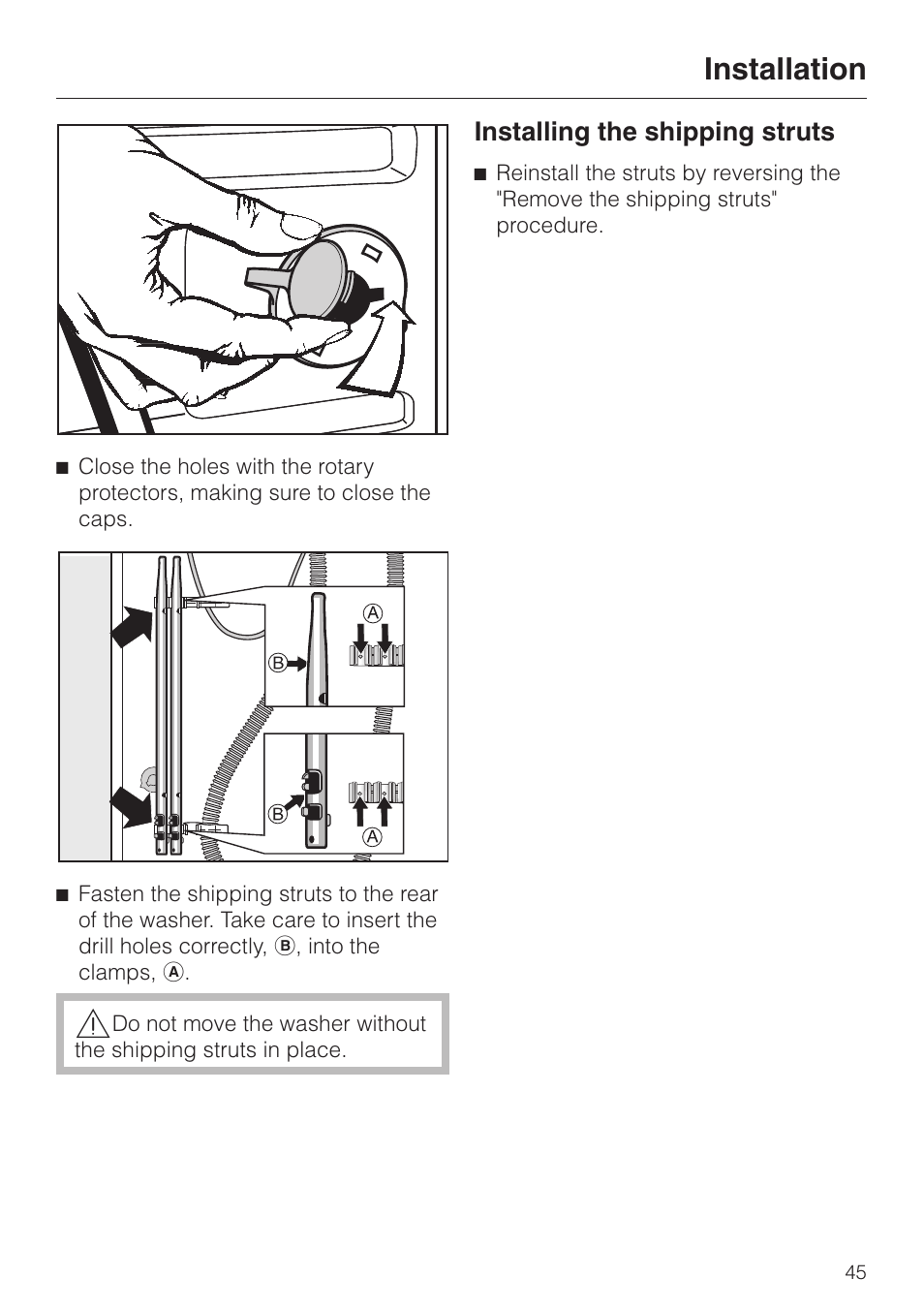 Installing the shipping struts 45, Installation | Miele W3033 User Manual | Page 49 / 60