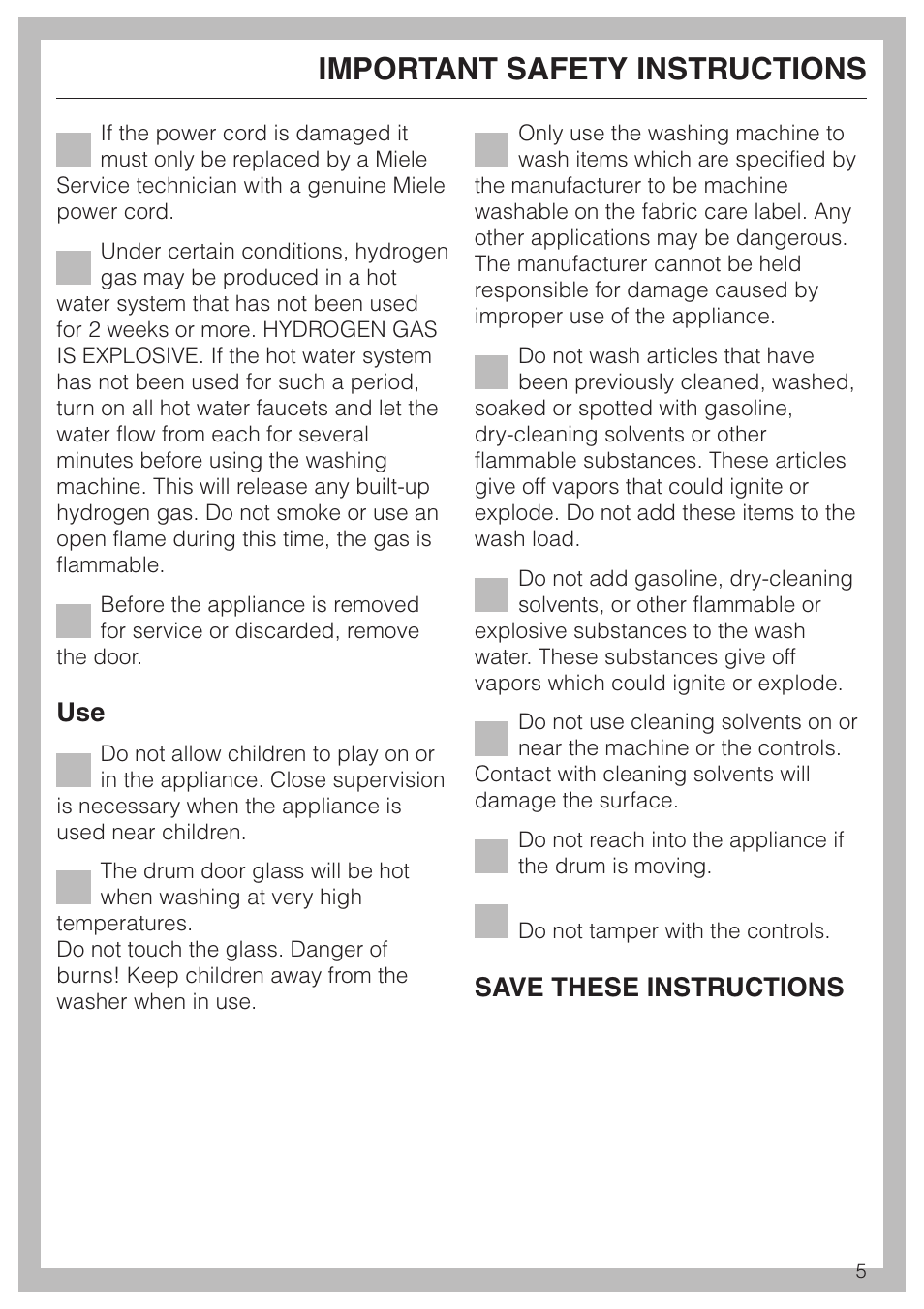 Important safety instructions, Save these instructions | Miele W3033 User Manual | Page 5 / 60