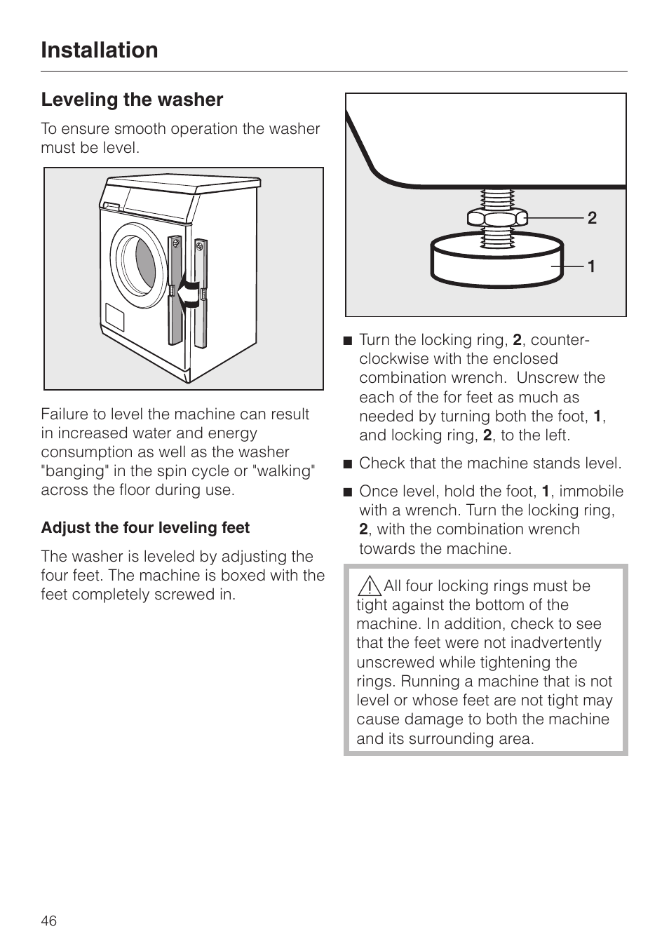 Leveling the washer 46, Installation, Leveling the washer | Miele W3033 User Manual | Page 50 / 60