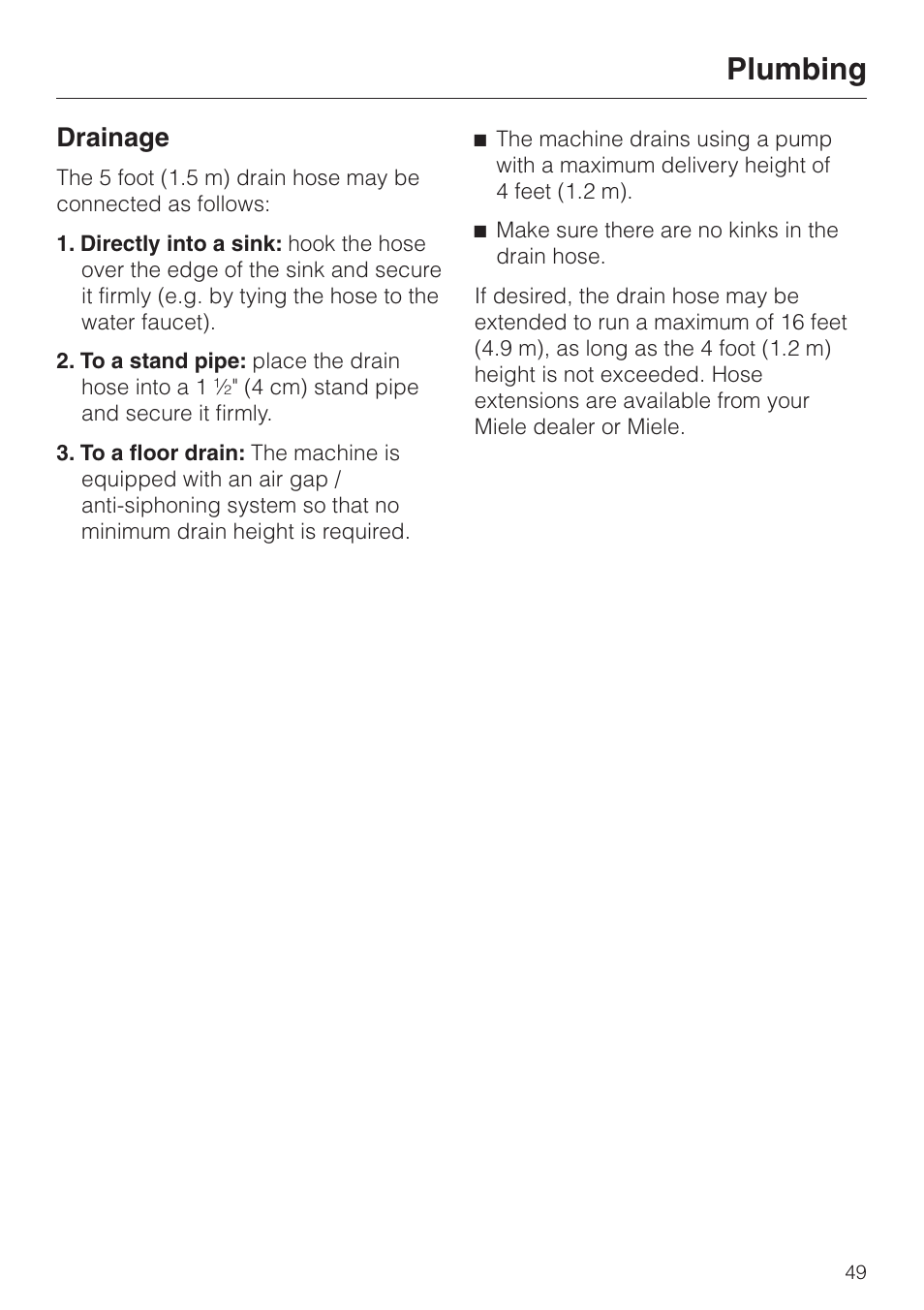 Drainage 49, Plumbing, Drainage | Miele W3033 User Manual | Page 53 / 60