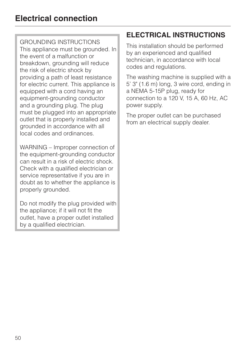 Electrical connection 50, Electrical connection, Electrical instructions | Miele W3033 User Manual | Page 54 / 60
