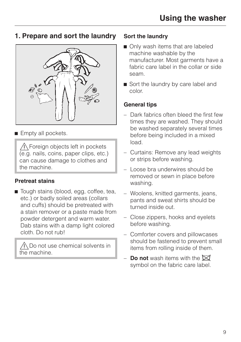 Using the washer 9, Prepare and sort the laundry 9, Using the washer | Prepare and sort the laundry | Miele W3033 User Manual | Page 9 / 60