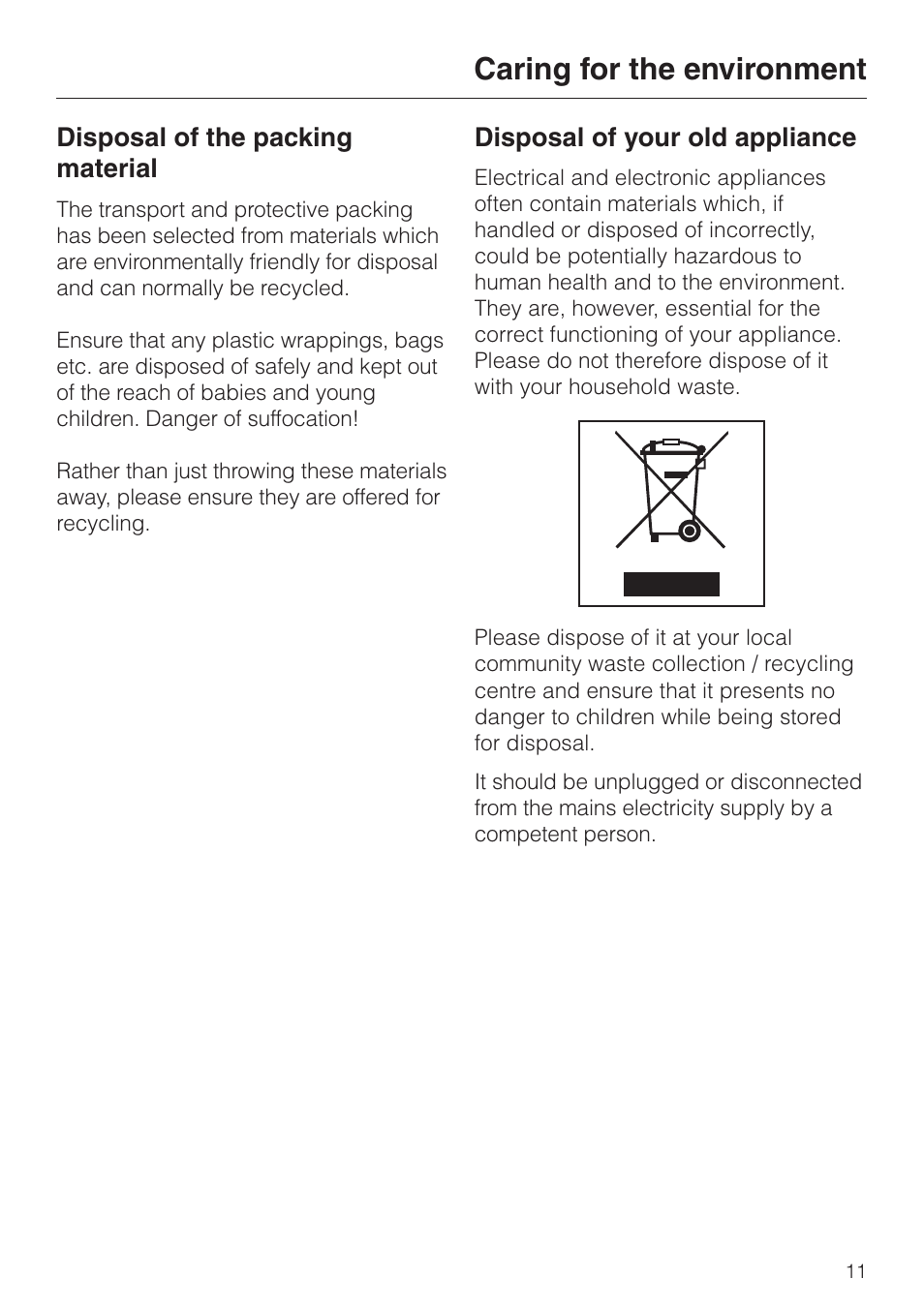 Caring for the environment 11, Caring for the environment | Miele H 4140 User Manual | Page 11 / 72