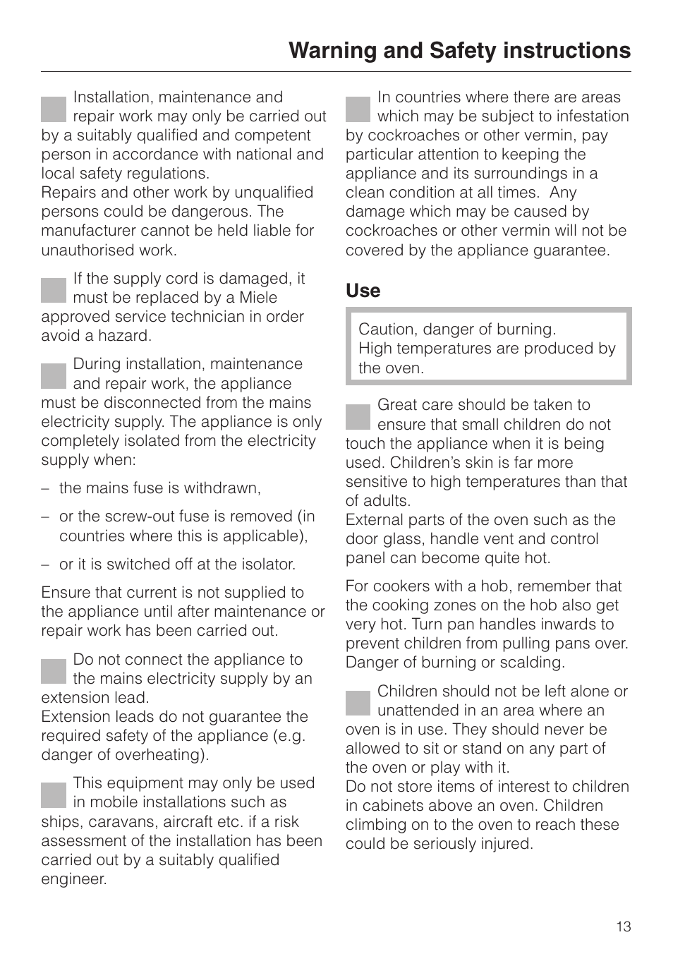 Warning and safety instructions | Miele H 4140 User Manual | Page 13 / 72