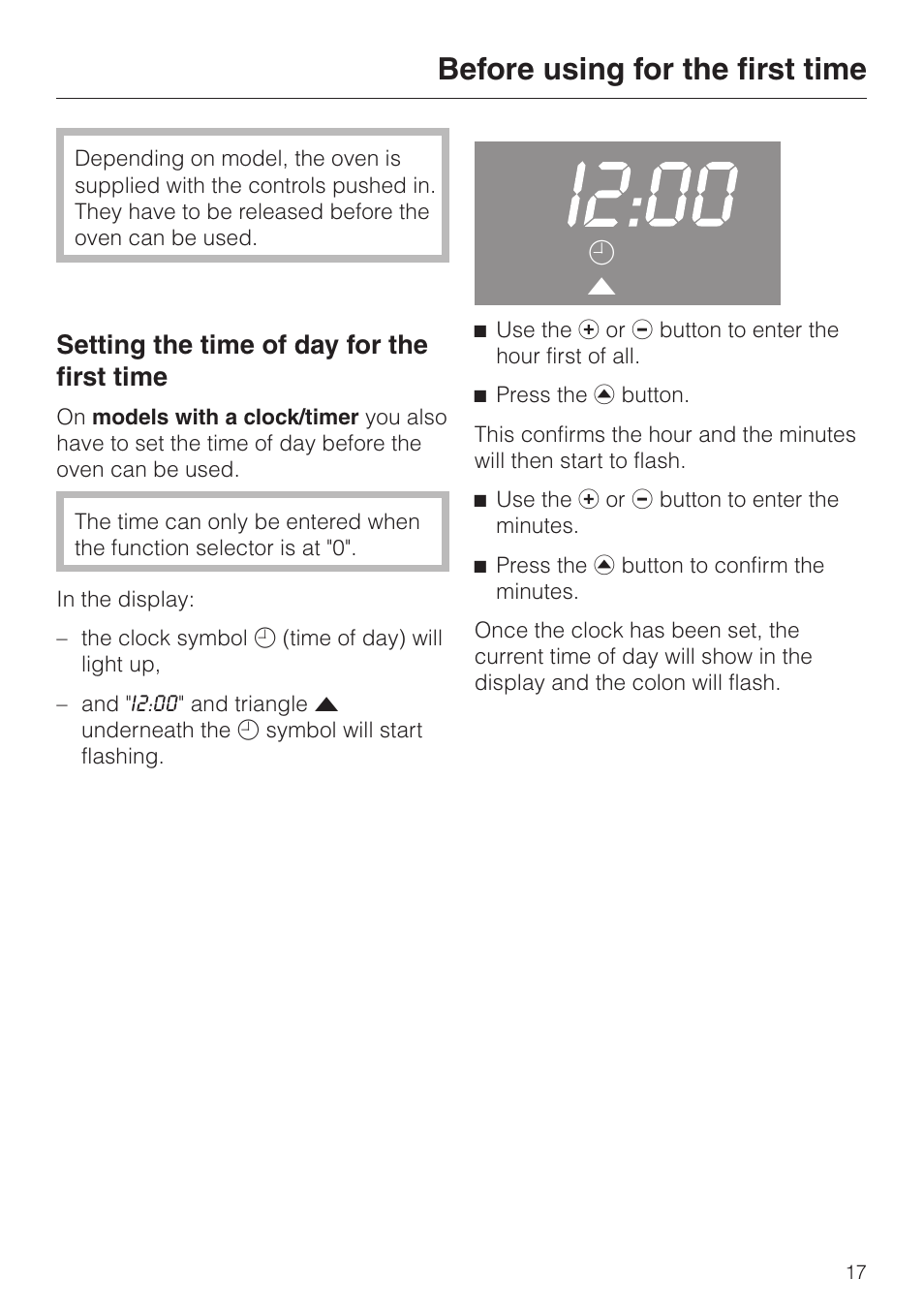 Before using for the first time 17, Setting the time of day for the first time 17, Before using for the first time | Setting the time of day for the first time | Miele H 4140 User Manual | Page 17 / 72