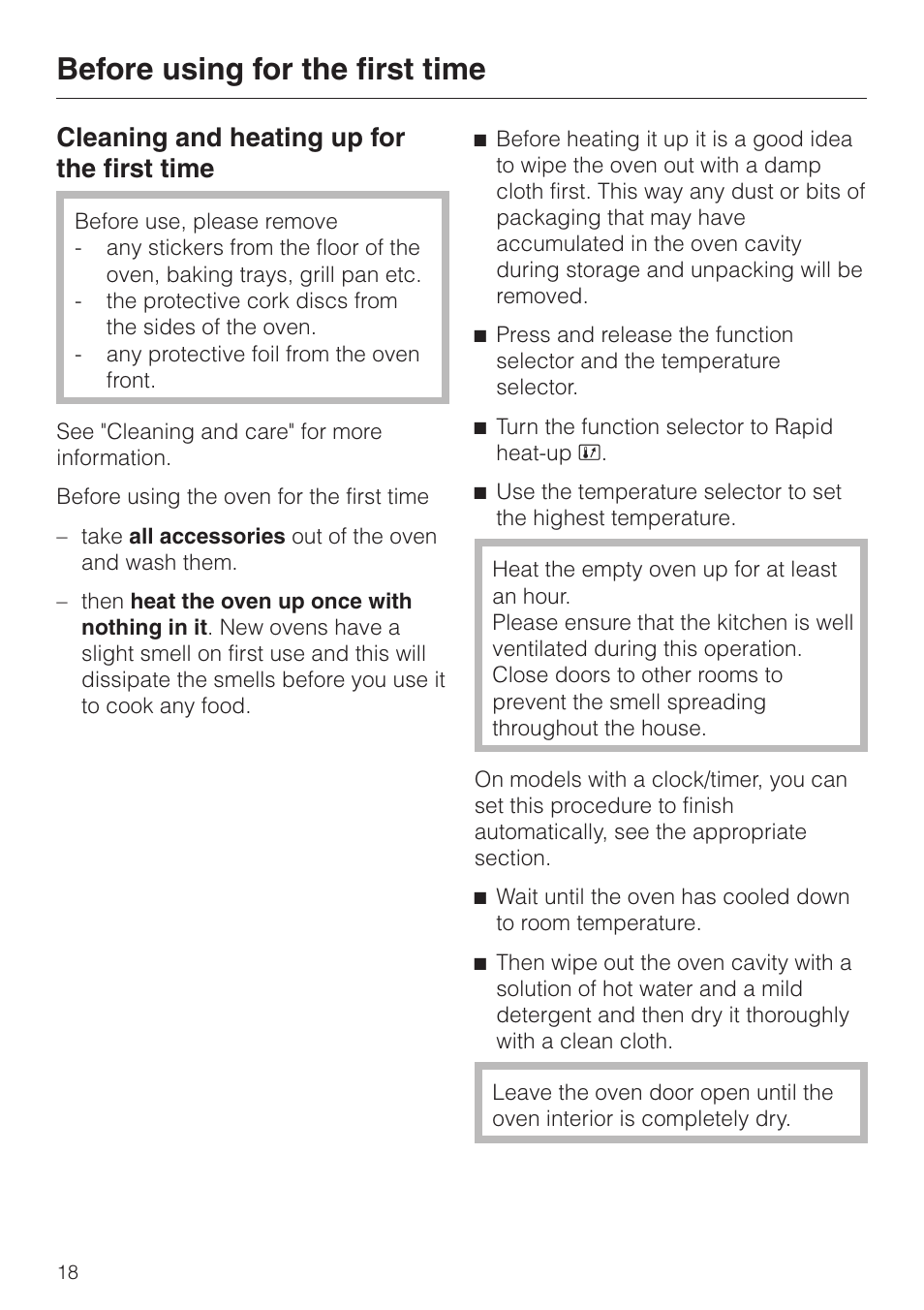 Cleaning and heating up for the first time 18, Before using for the first time, Cleaning and heating up for the first time | Miele H 4140 User Manual | Page 18 / 72