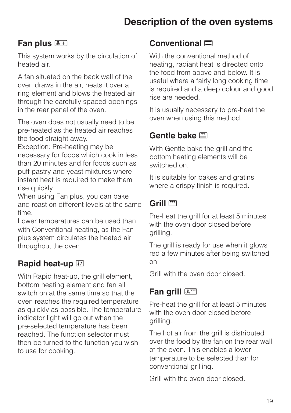 Description of the oven systems 19, Description of the oven systems | Miele H 4140 User Manual | Page 19 / 72