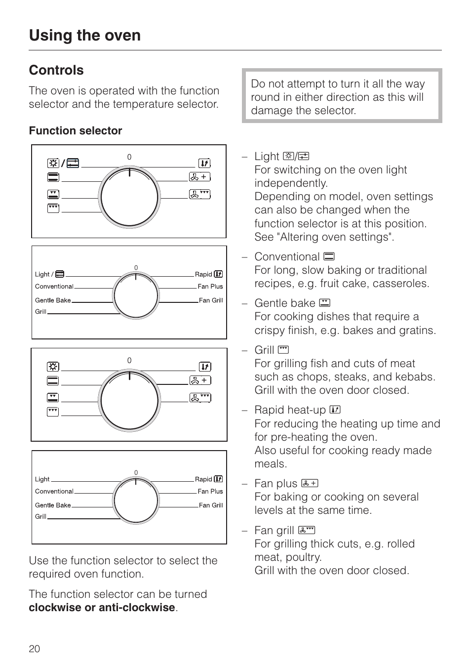 Using the oven 20, Controls 20, Function selector 20 | Using the oven, Controls | Miele H 4140 User Manual | Page 20 / 72