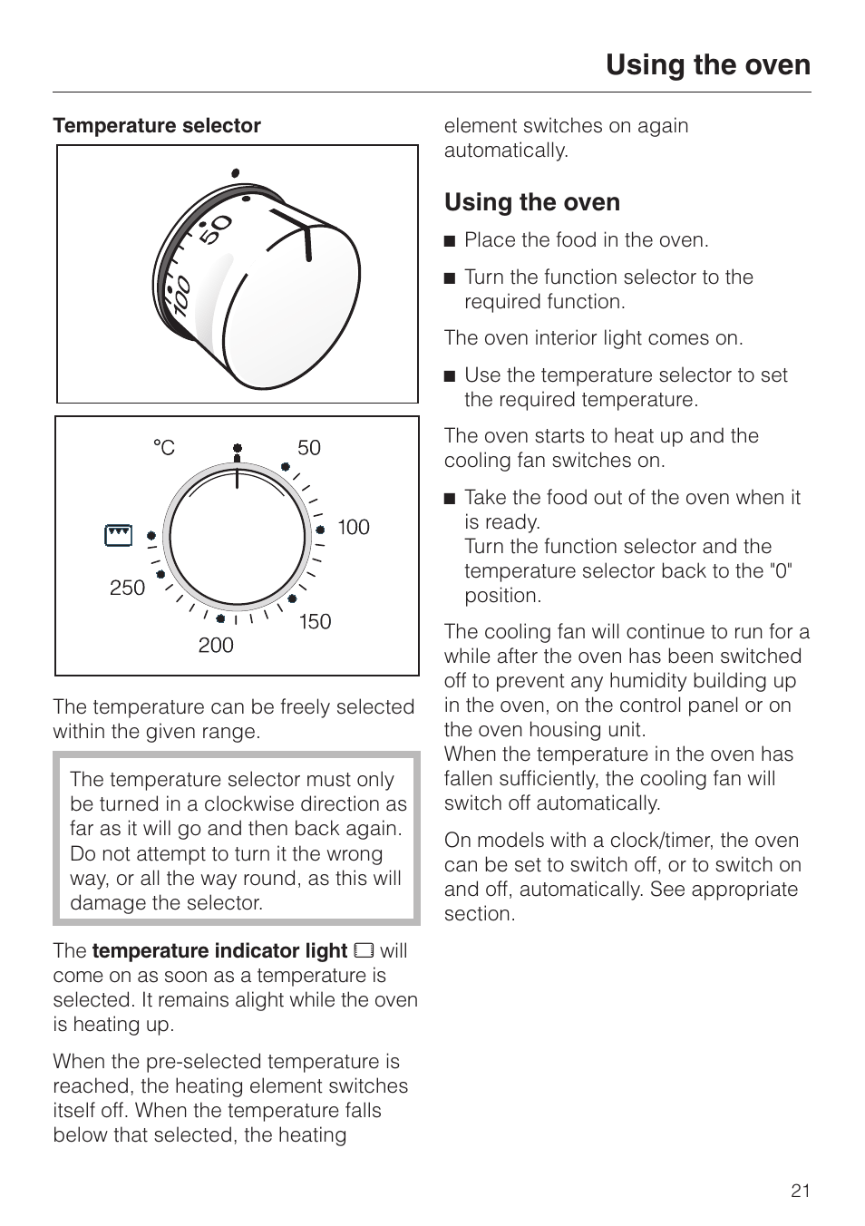 Temperature selector 21, Using the oven 21, Using the oven | Miele H 4140 User Manual | Page 21 / 72