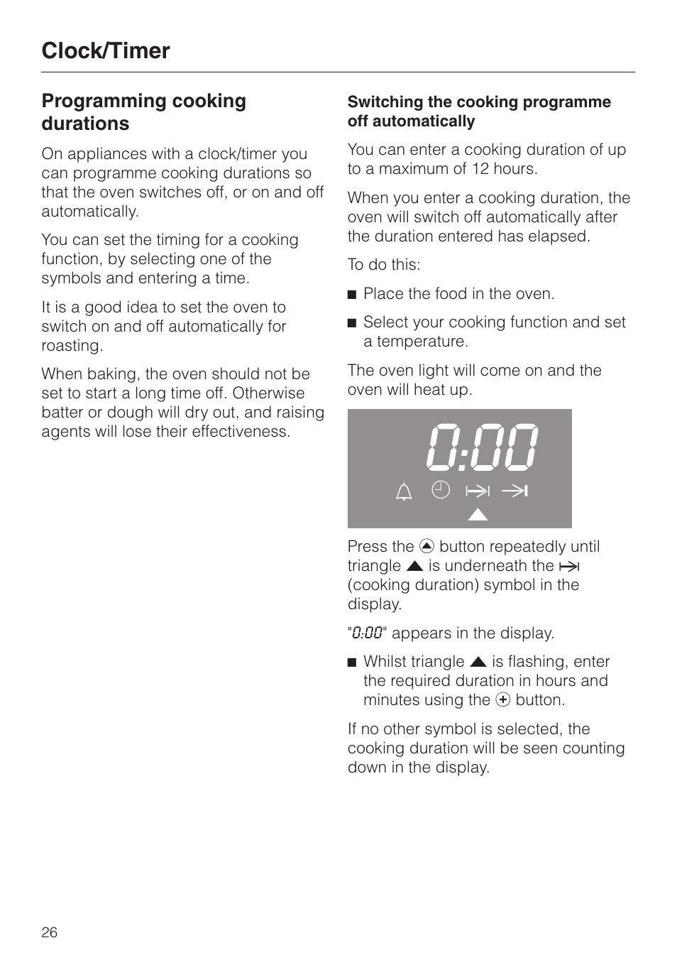 Programming cooking durations 26, Clock/timer, Programming cooking durations | L m g ) v | Miele H 4140 User Manual | Page 26 / 72