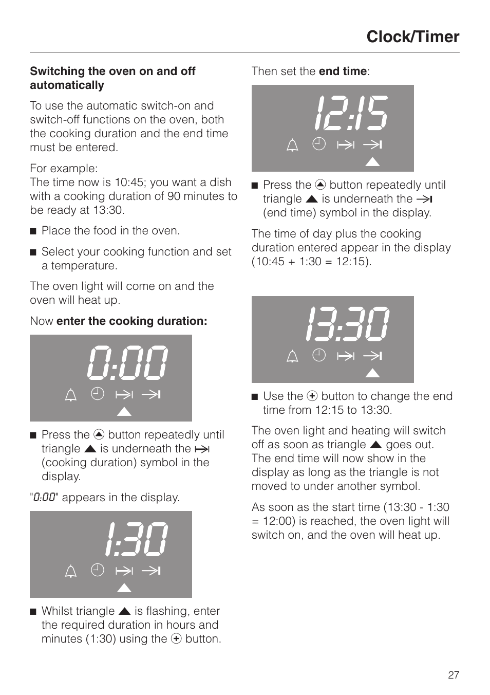 Switching the oven on and off automatically 27, Clock/timer, L m g ) v | Miele H 4140 User Manual | Page 27 / 72