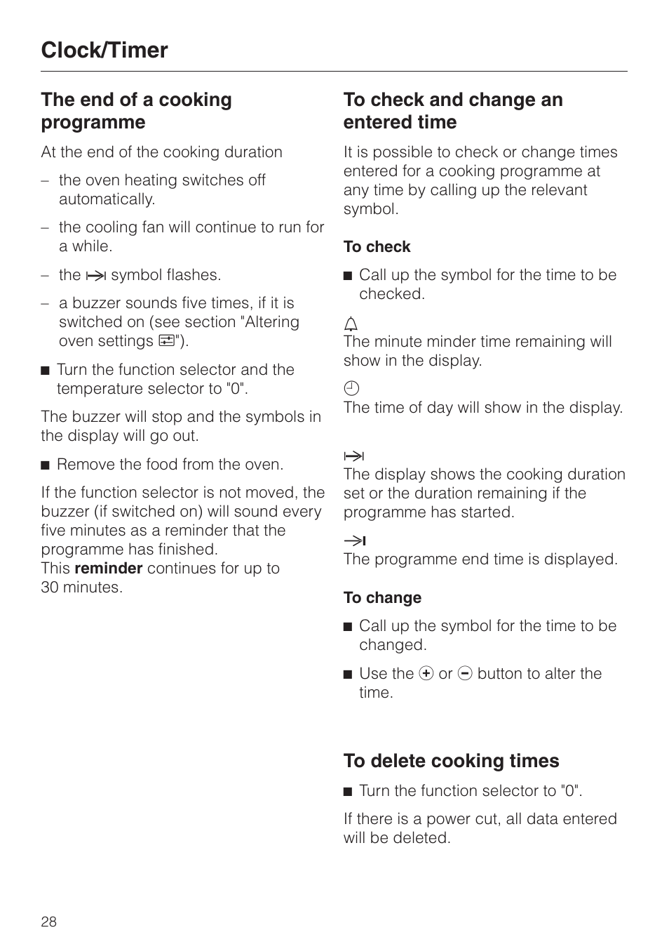 The end of a cooking programme 28, To check and change an entered time 28, To delete cooking times 28 | Clock/timer, The end of a cooking programme | Miele H 4140 User Manual | Page 28 / 72