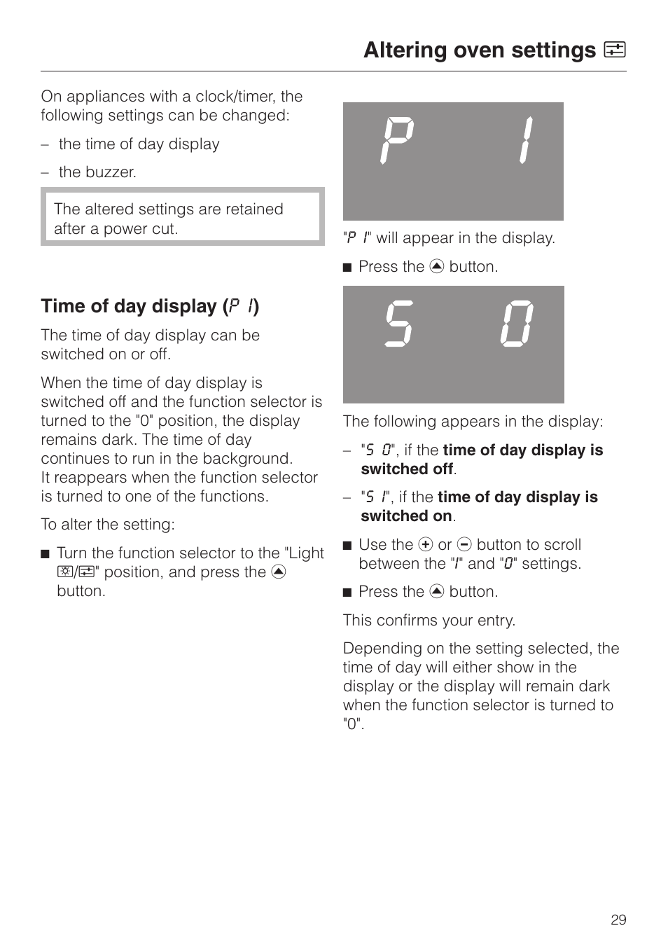 Altering oven settings v 29, Time of day display ( p i ) 29, Altering oven settings v | Time of day display ( p i ) | Miele H 4140 User Manual | Page 29 / 72