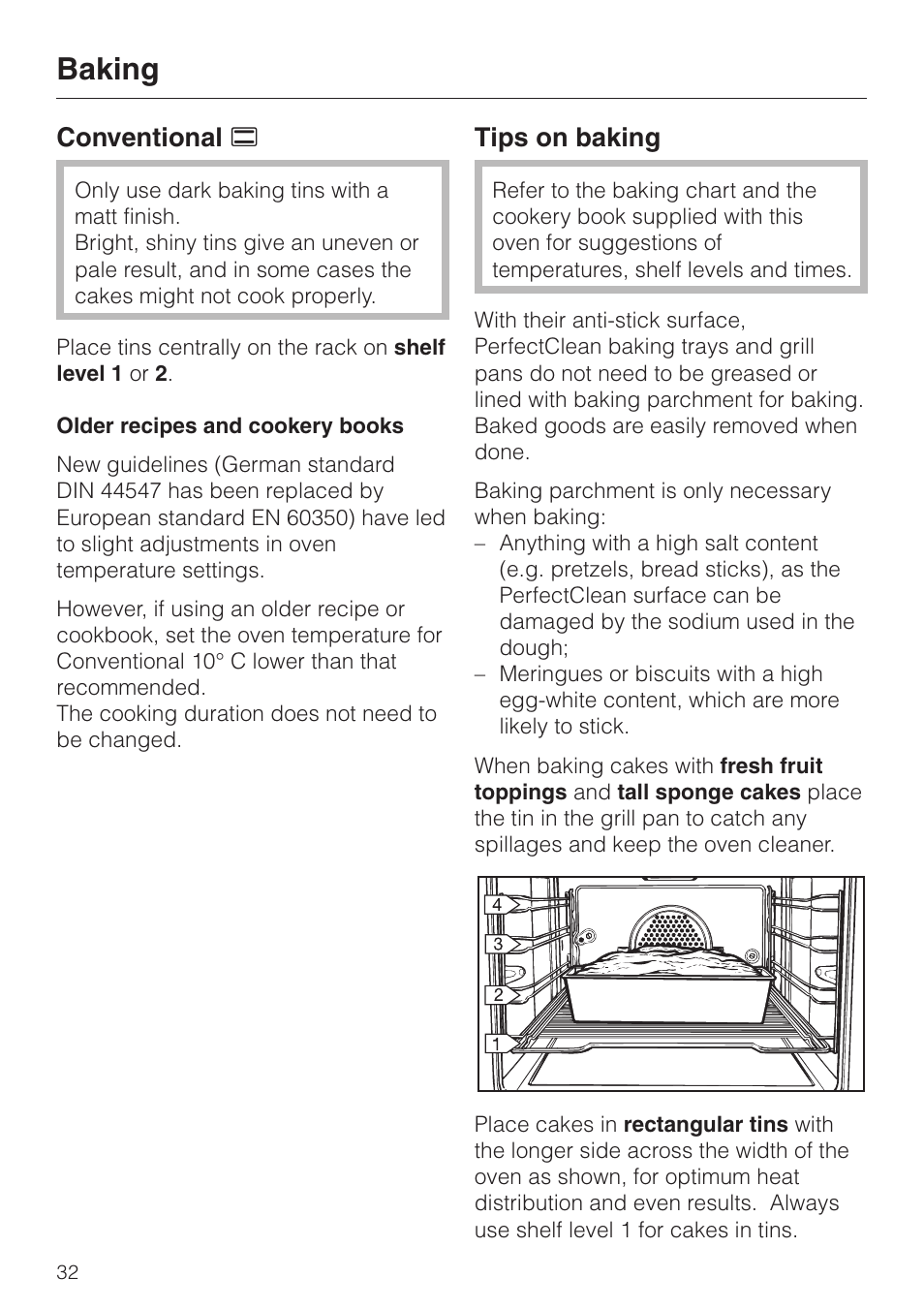 Baking, Conventional a, Tips on baking | Miele H 4140 User Manual | Page 32 / 72