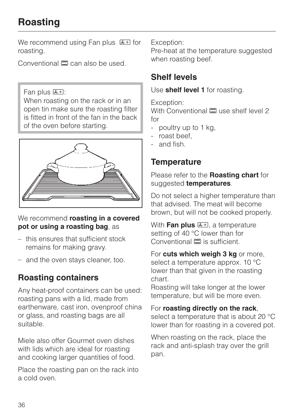 Roasting 36, Roasting, Roasting containers | Shelf levels, Temperature | Miele H 4140 User Manual | Page 36 / 72