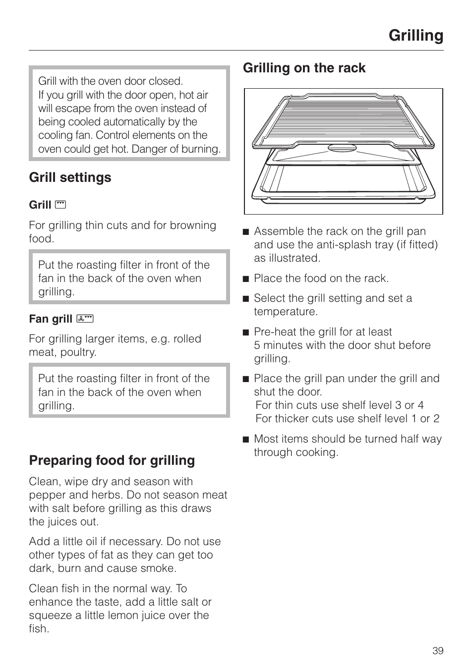 Grilling 39, Grilling, Grill settings | Preparing food for grilling, Grilling on the rack | Miele H 4140 User Manual | Page 39 / 72