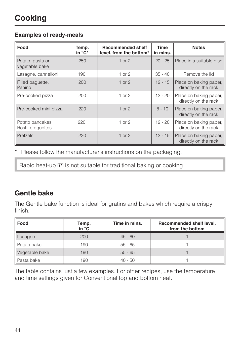 Examples of ready-meals 44, Gentle bake 44, Cooking | Gentle bake | Miele H 4140 User Manual | Page 44 / 72