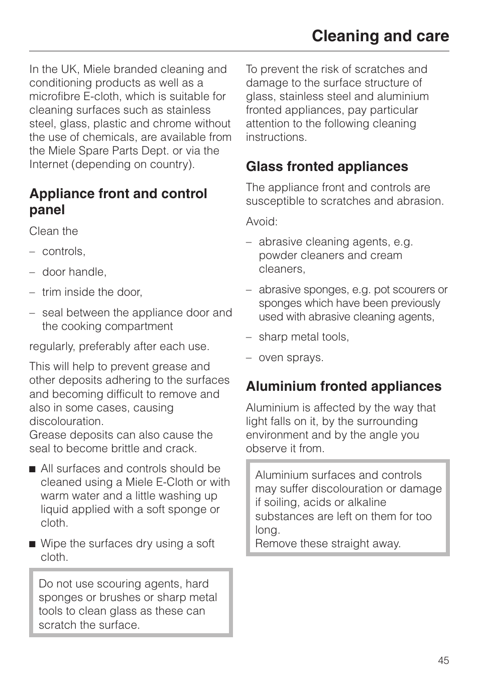 Cleaning and care 45, Appliance front and control panel 45, Cleaning and care | Appliance front and control panel, Glass fronted appliances, Aluminium fronted appliances | Miele H 4140 User Manual | Page 45 / 72