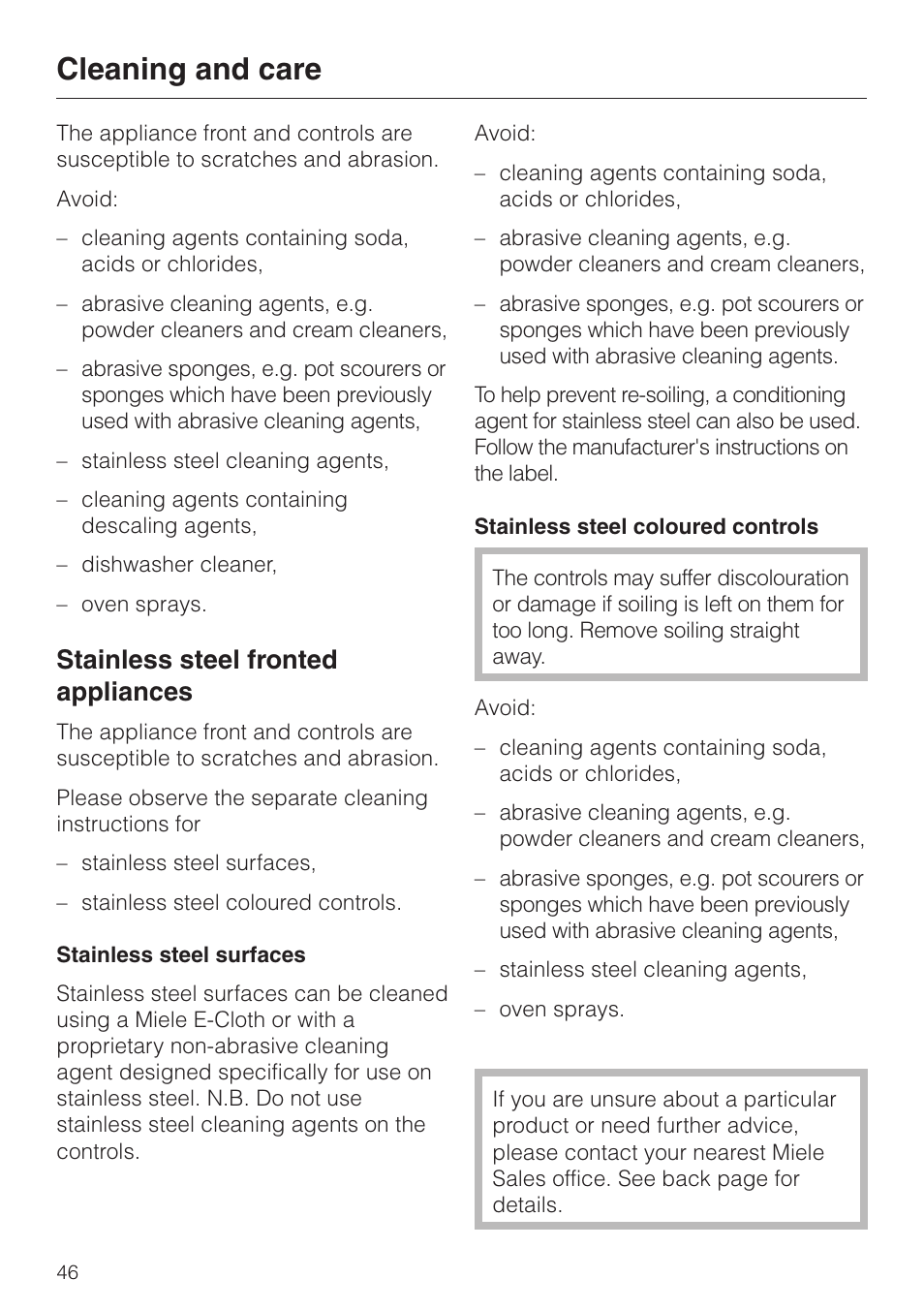 Cleaning and care, Stainless steel fronted appliances | Miele H 4140 User Manual | Page 46 / 72