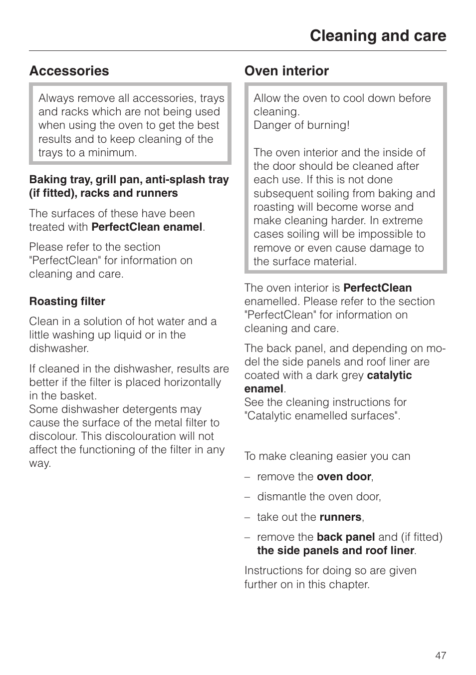 Accessories 47, Roasting filter 47, Oven interior 47 | Cleaning and care, Accessories, Oven interior | Miele H 4140 User Manual | Page 47 / 72