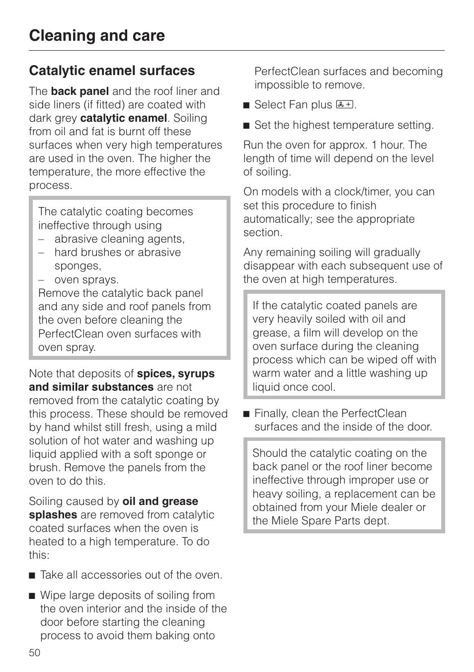 Catalytic enamel surfaces 50, Cleaning and care, Catalytic enamel surfaces | Miele H 4140 User Manual | Page 50 / 72