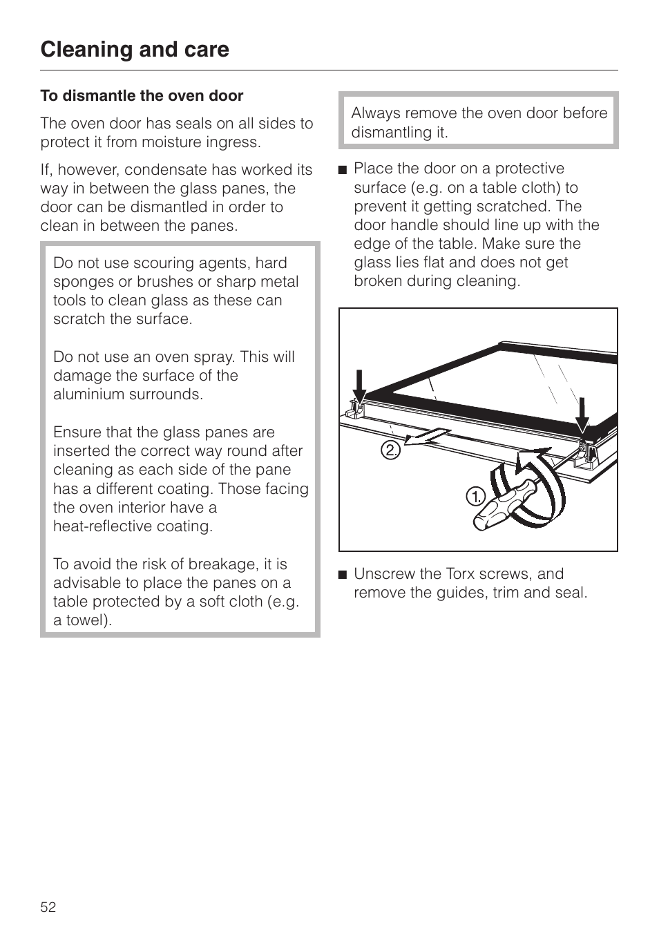 To dismantle the oven door 52, Cleaning and care | Miele H 4140 User Manual | Page 52 / 72