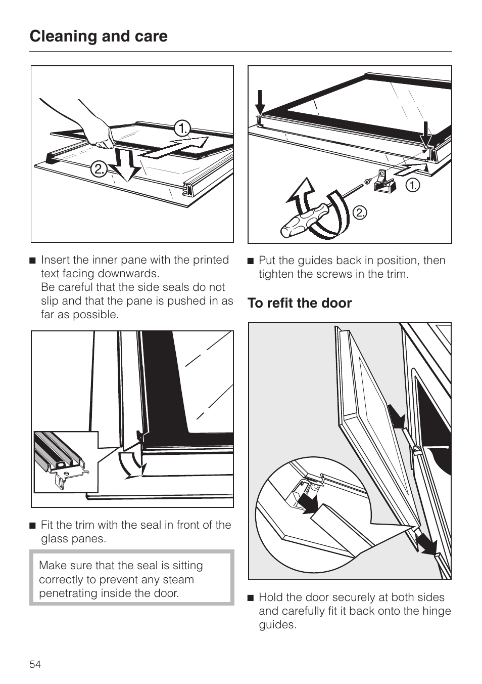 To refit the door 54, Cleaning and care | Miele H 4140 User Manual | Page 54 / 72