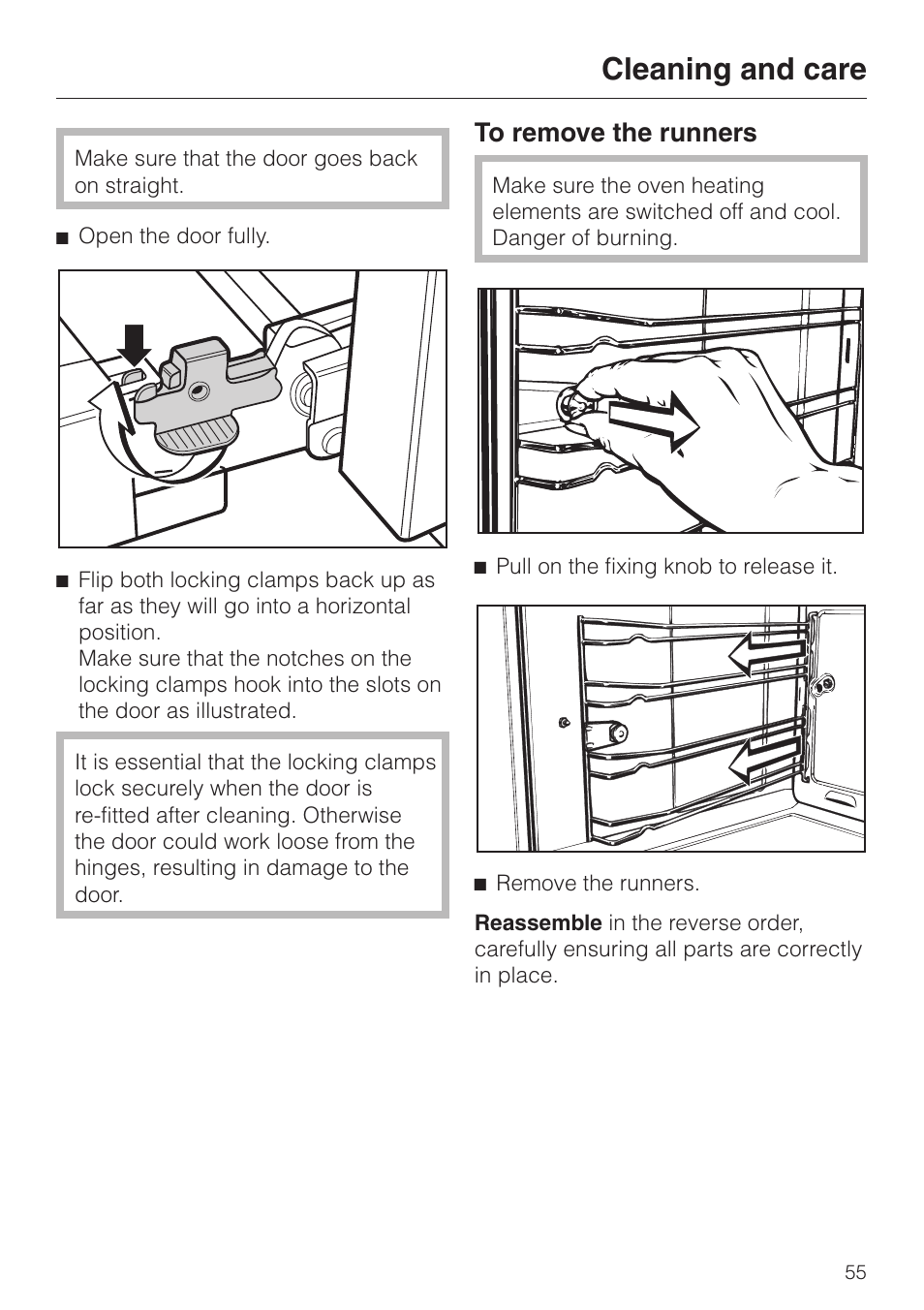 To remove the runners 55, Cleaning and care | Miele H 4140 User Manual | Page 55 / 72