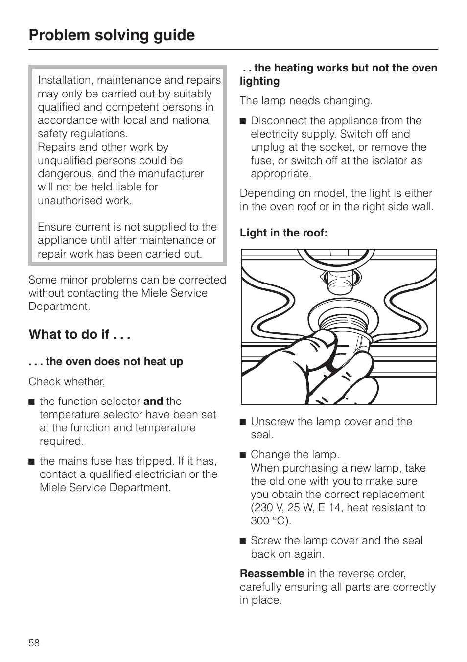 Problem solving guide 58, Problem solving guide, What to do if | Miele H 4140 User Manual | Page 58 / 72