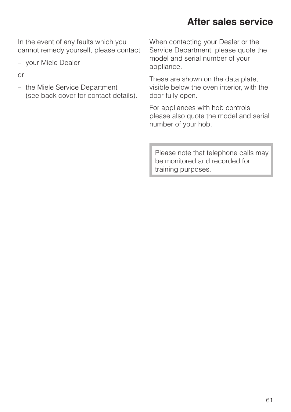 After sales service 61, After sales service | Miele H 4140 User Manual | Page 61 / 72