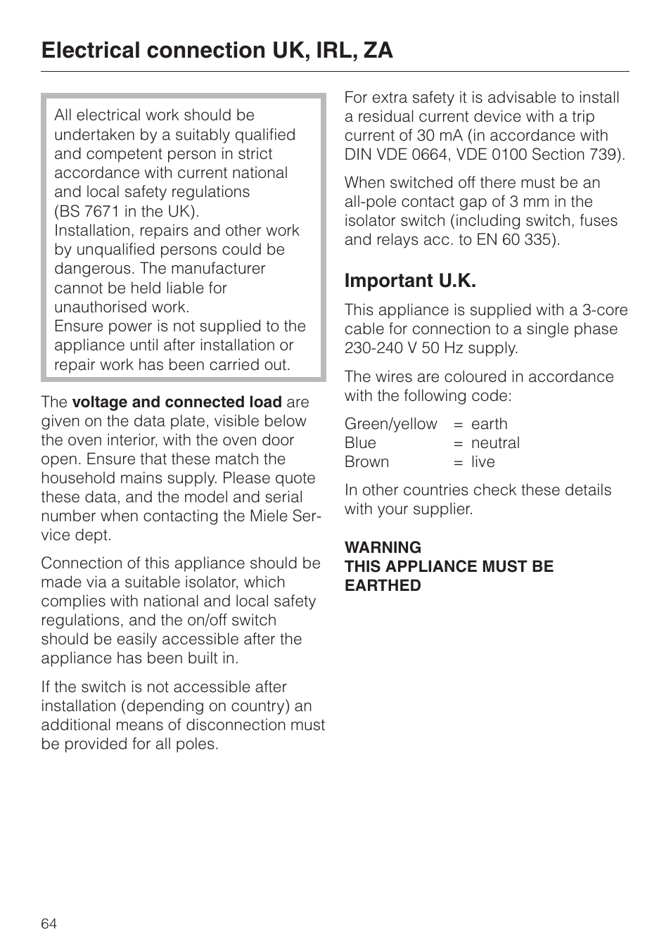 Electrical connection uk, irl, za 64, Electrical connection uk, irl, za, Important u.k | Miele H 4140 User Manual | Page 64 / 72