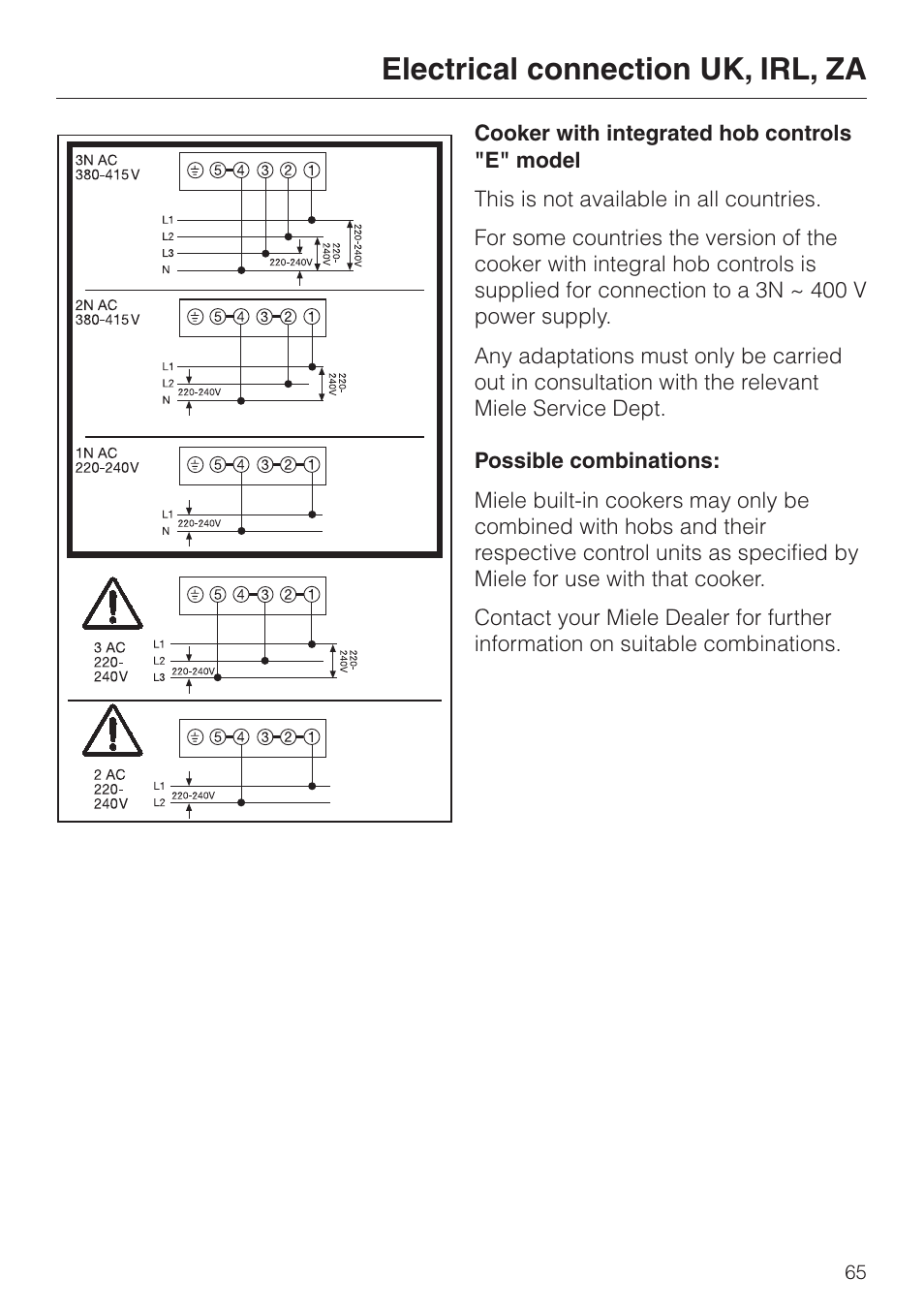 Electrical connection uk, irl, za | Miele H 4140 User Manual | Page 65 / 72