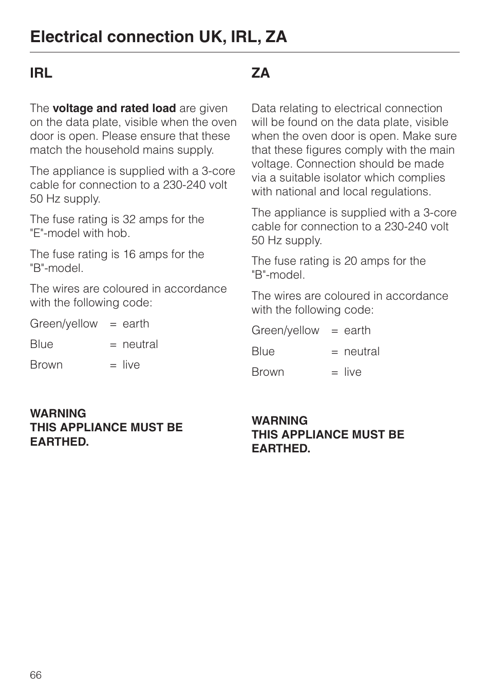 Electrical connection uk, irl, za | Miele H 4140 User Manual | Page 66 / 72