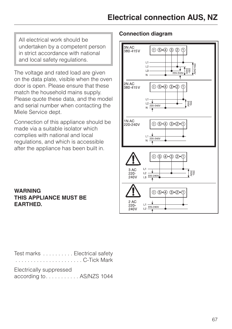 Electrical connection aus, nz 67, Electrical connection aus, nz | Miele H 4140 User Manual | Page 67 / 72