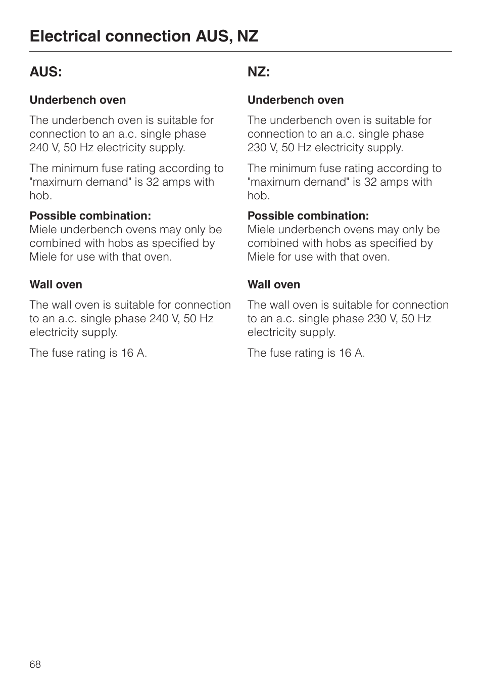 Electrical connection aus, nz | Miele H 4140 User Manual | Page 68 / 72