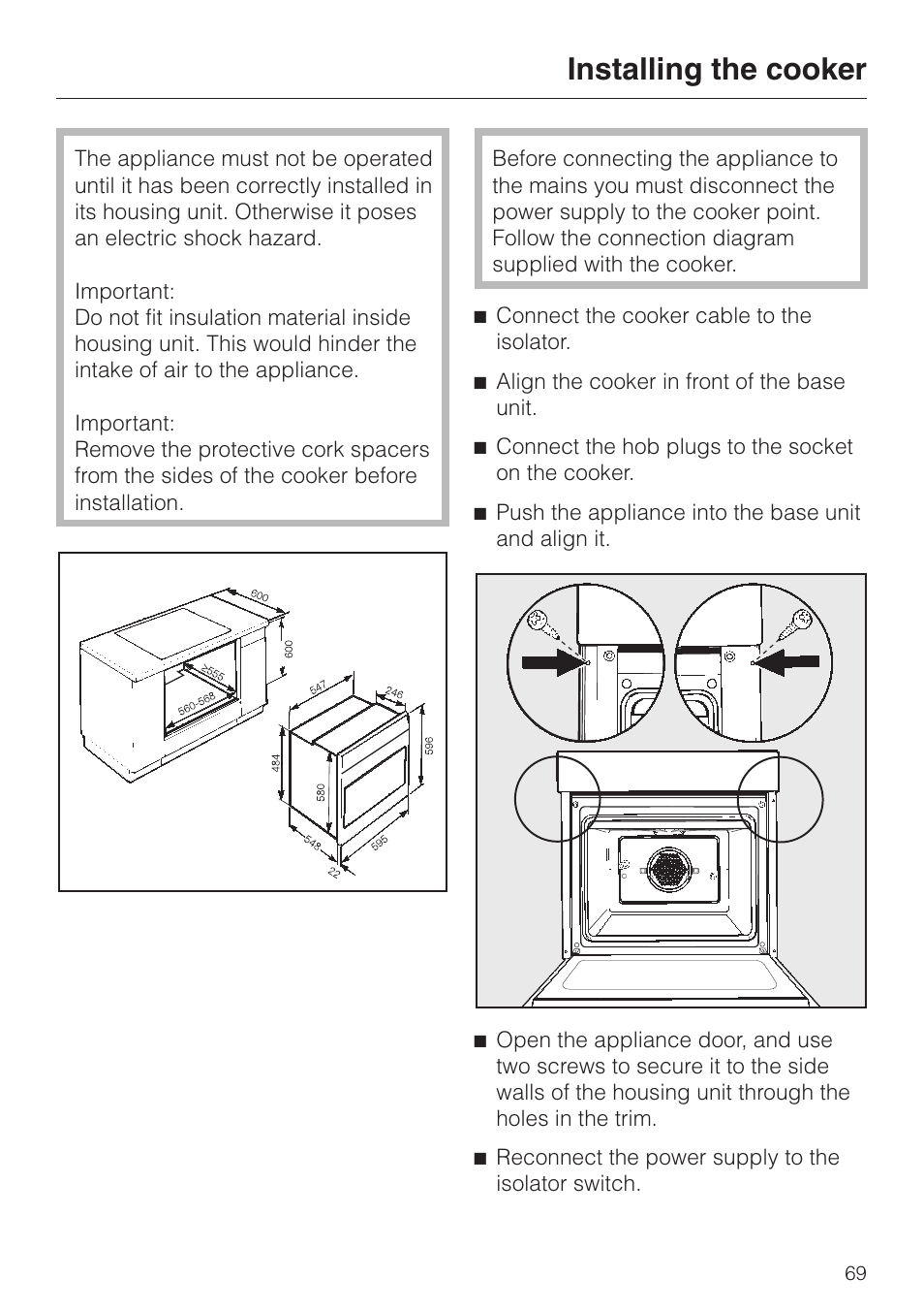 Installing the cooker 69, Installing the cooker | Miele H 4140 User Manual | Page 69 / 72