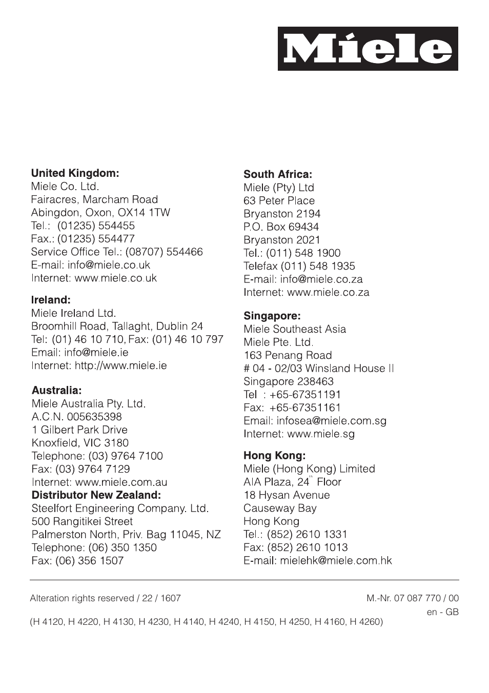 Miele H 4140 User Manual | Page 72 / 72