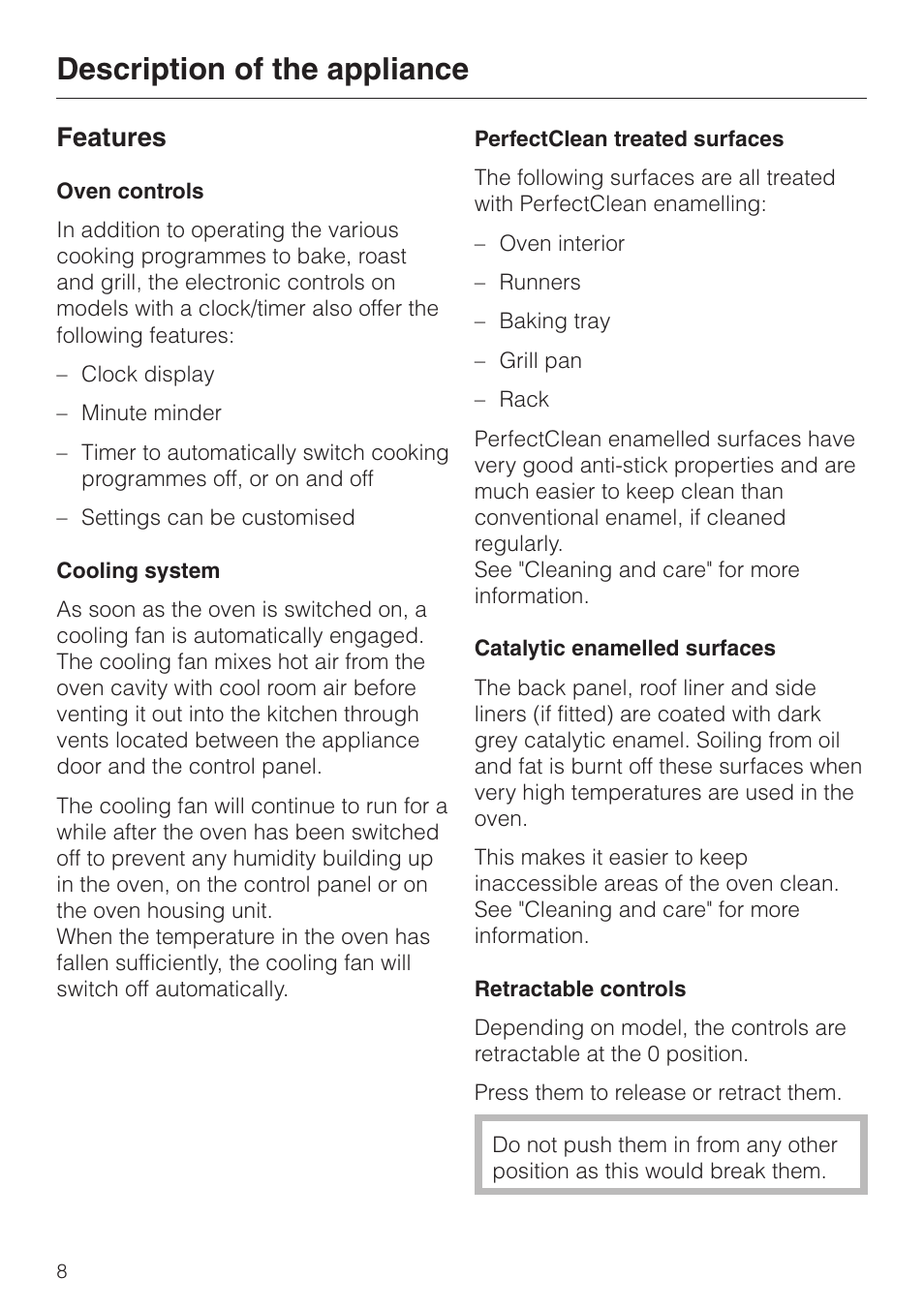 Features 8, Description of the appliance, Features | Miele H 4140 User Manual | Page 8 / 72