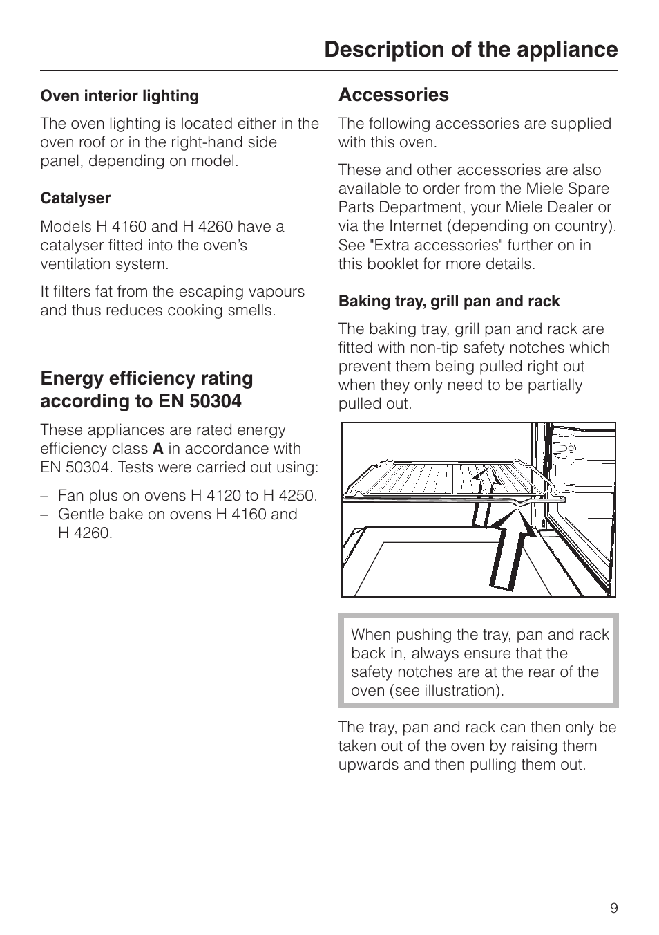 Accessories 9, Baking tray, grill pan and rack 9, Description of the appliance | Accessories | Miele H 4140 User Manual | Page 9 / 72