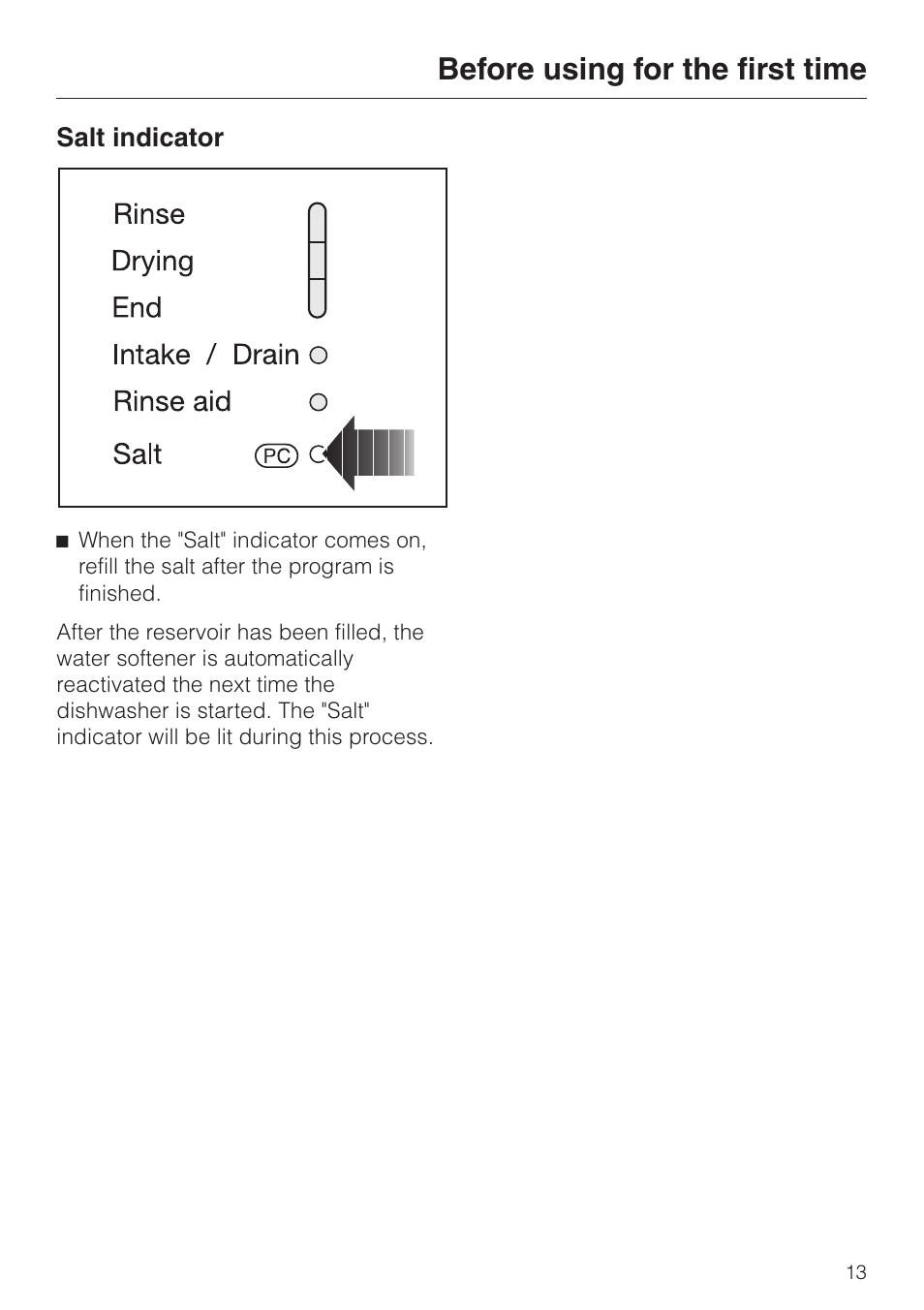 Salt indicator 13, Before using for the first time | Miele OPTIMA SERIES G 2420 User Manual | Page 13 / 60