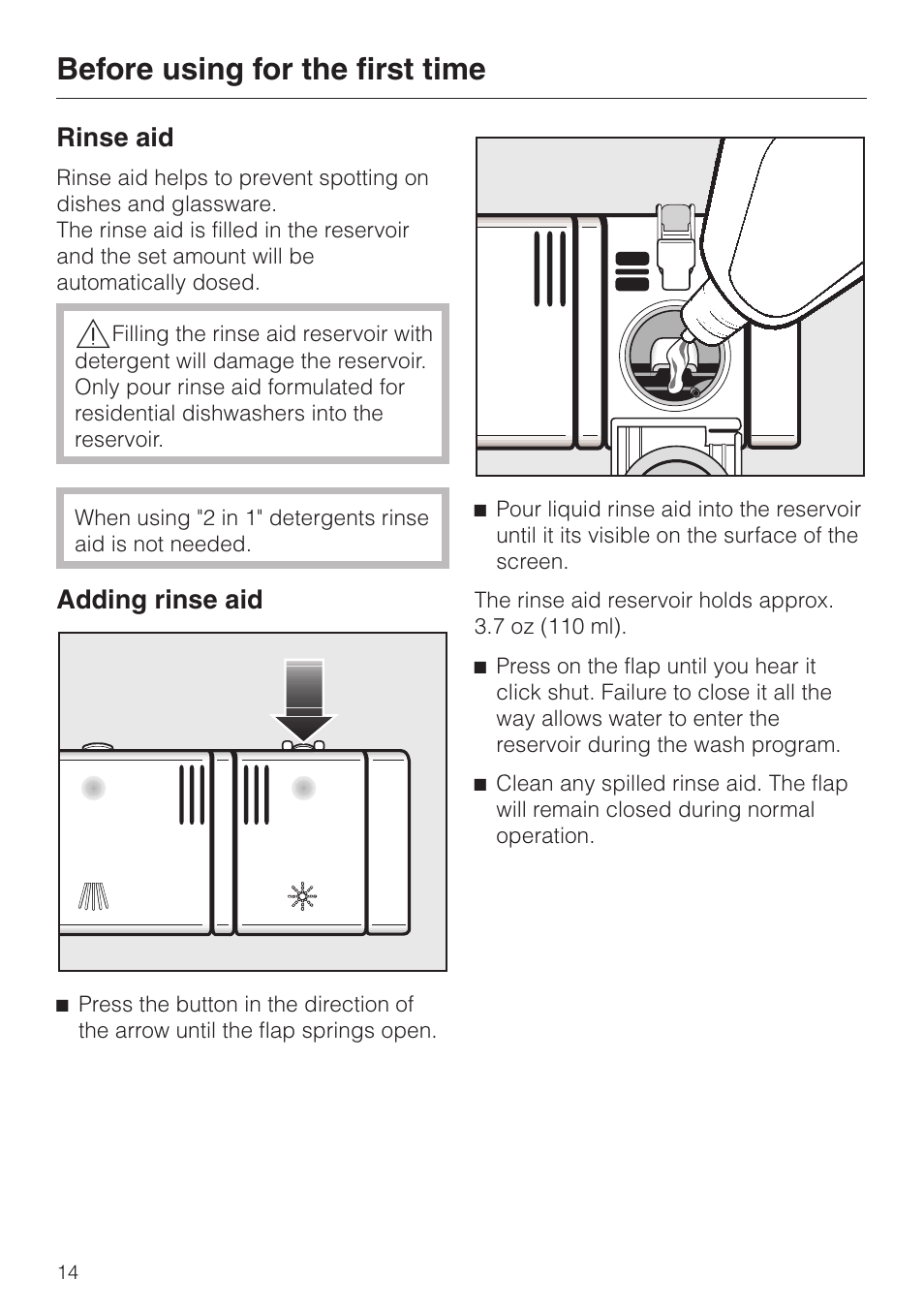 Rinse aid 14, Adding rinse aid 14, Before using for the first time | Rinse aid, Adding rinse aid | Miele OPTIMA SERIES G 2420 User Manual | Page 14 / 60