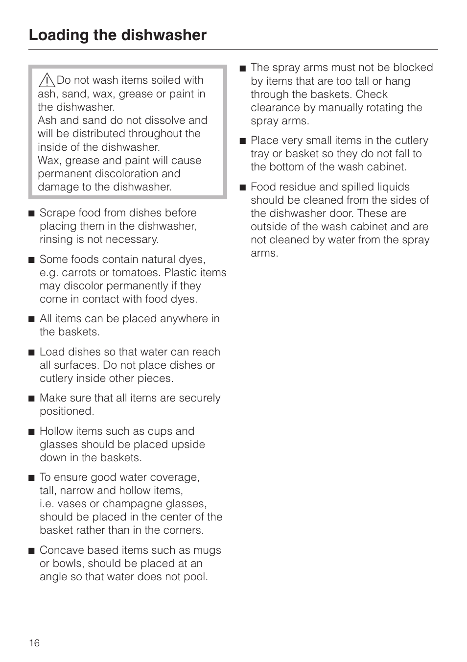 Loading the dishwasher 16, Loading the dishwasher | Miele OPTIMA SERIES G 2420 User Manual | Page 16 / 60