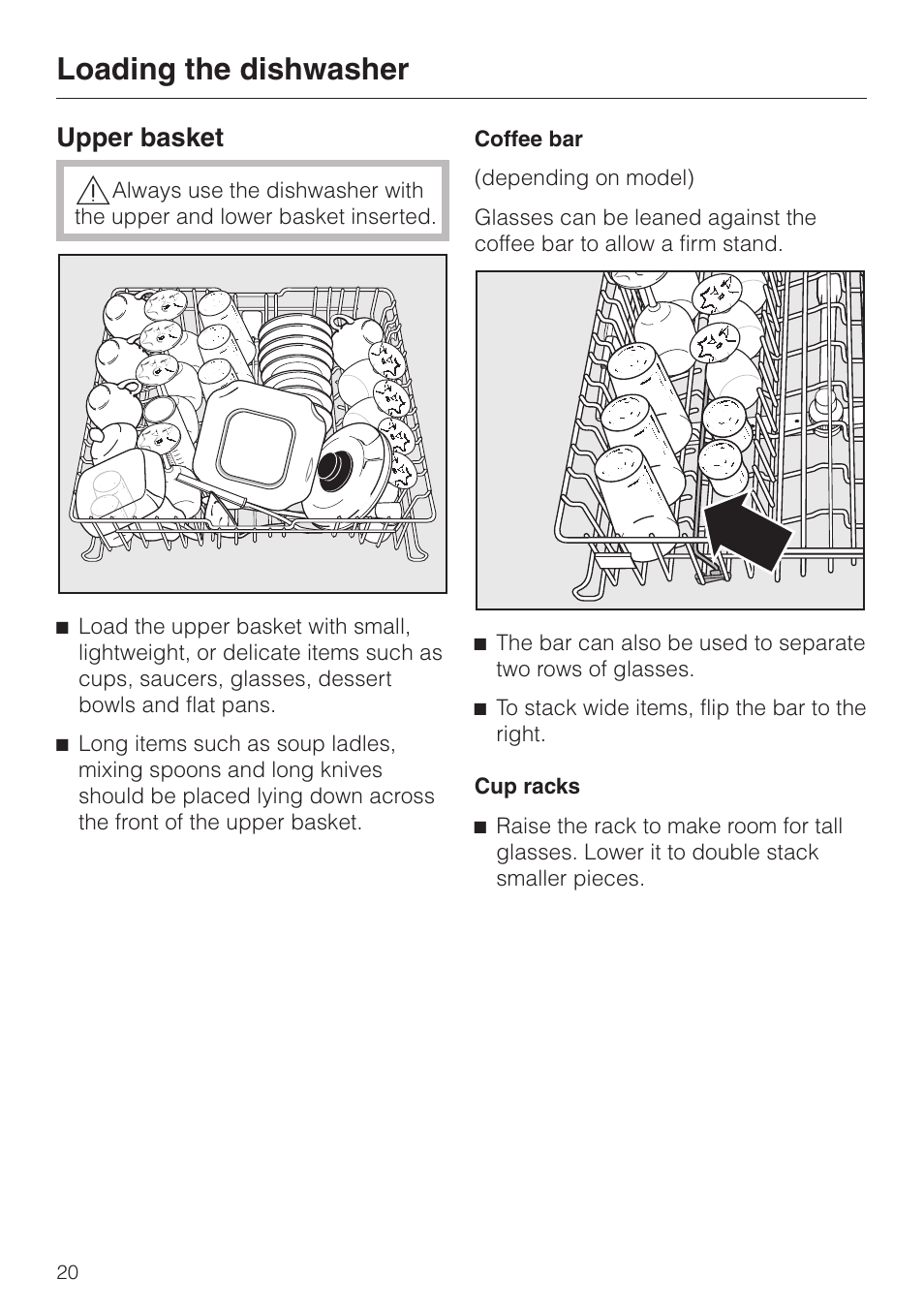 Upper basket 20, Loading the dishwasher, Upper basket | Miele OPTIMA SERIES G 2420 User Manual | Page 20 / 60