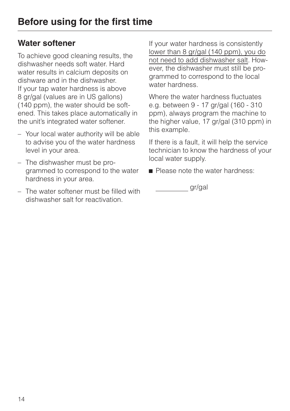 Water softener 14, Water softener, Before using for the first time | Miele NOVOTRONIC G 841 SC PLUS User Manual | Page 14 / 48