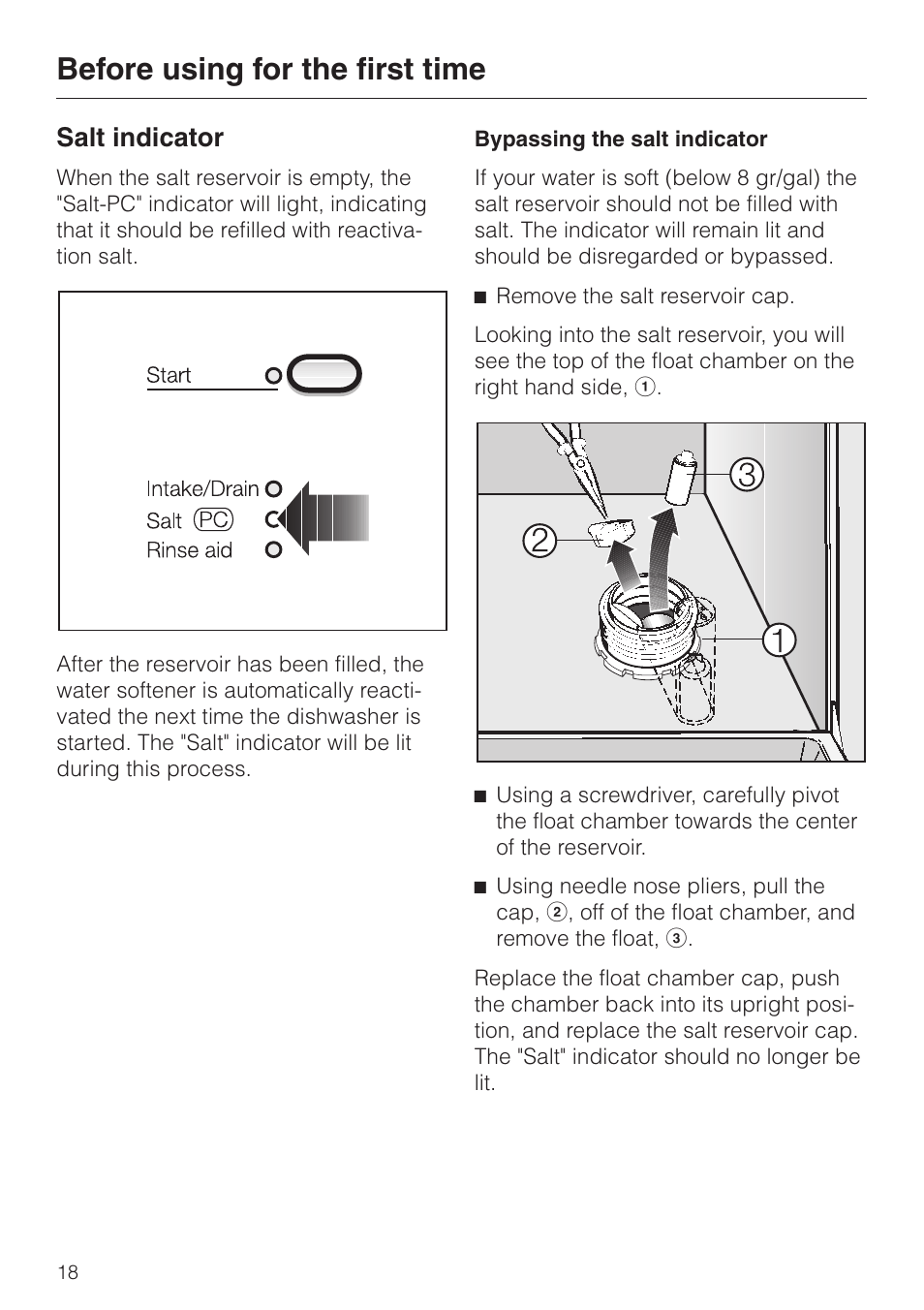 Salt indicator 18, Salt indicator, Before using for the first time | Miele NOVOTRONIC G 841 SC PLUS User Manual | Page 18 / 48