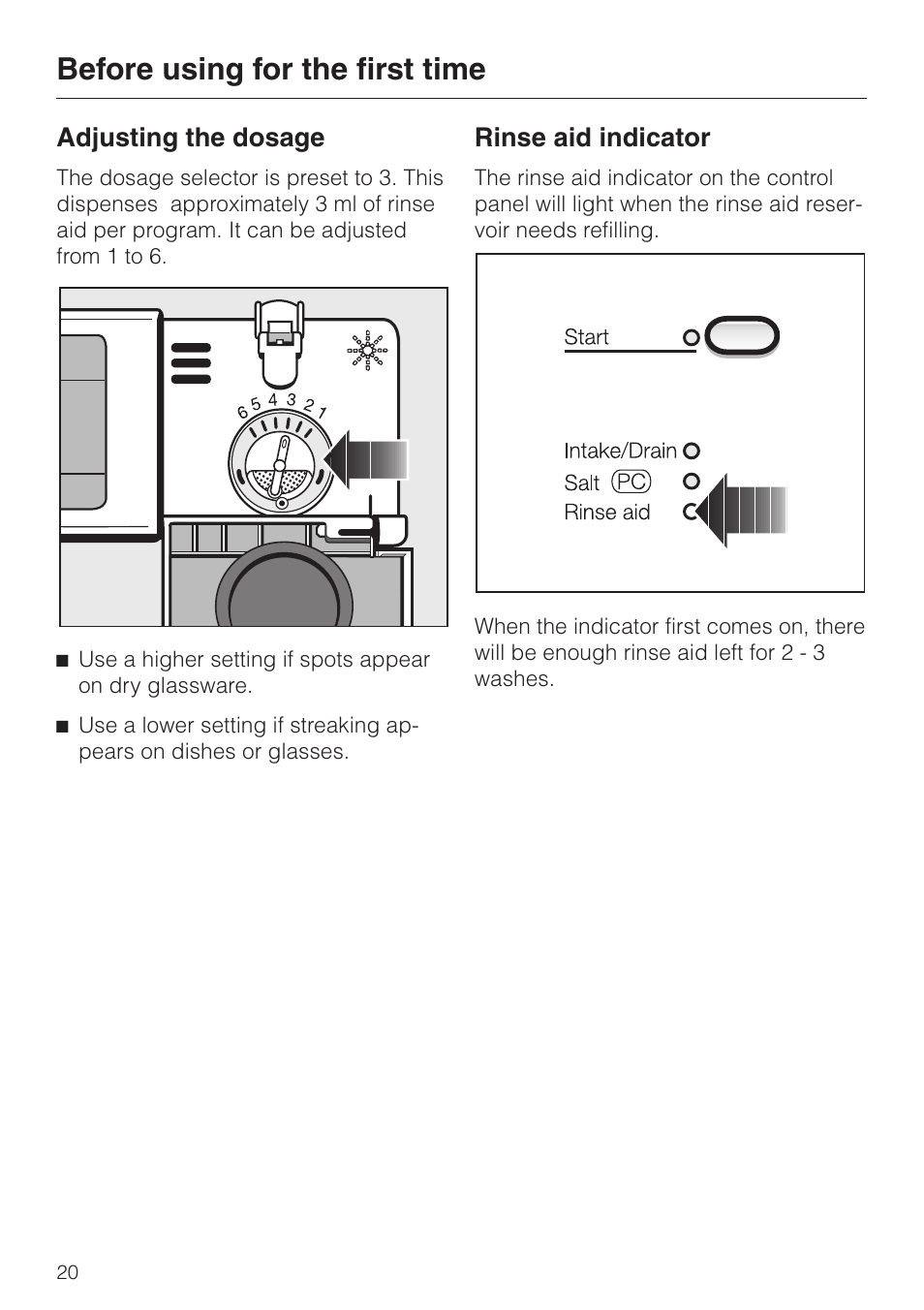 Adjusting the dosage 20, Rinse aid indicator 20, Adjusting the dosage rinse aid indicator | Before using for the first time, Adjusting the dosage, Rinse aid indicator | Miele NOVOTRONIC G 841 SC PLUS User Manual | Page 20 / 48