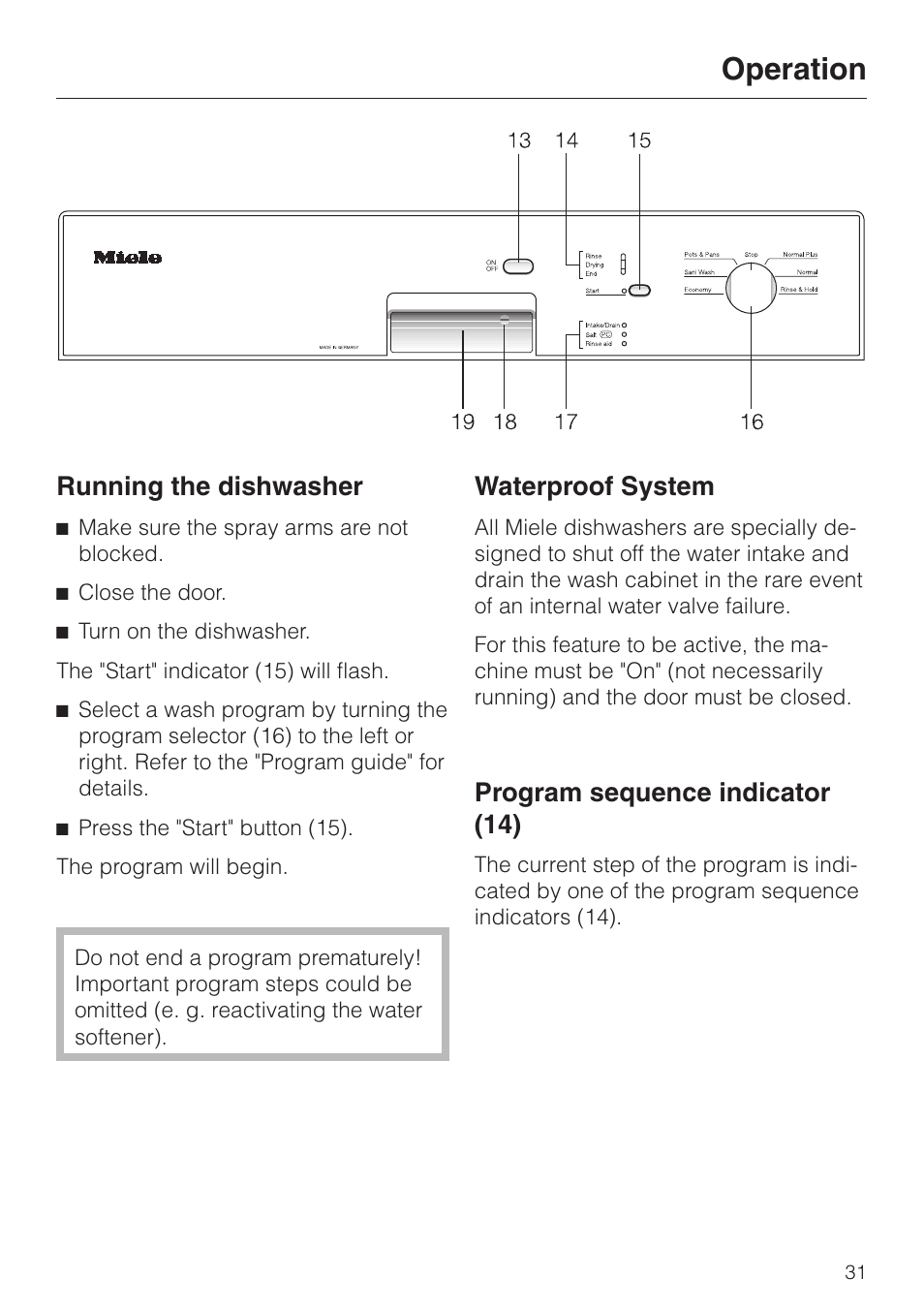 Running the dishwasher 31, Program sequence indicator (14) 31, Operation | Running the dishwasher, Waterproof system, Program sequence indicator (14) | Miele NOVOTRONIC G 841 SC PLUS User Manual | Page 31 / 48